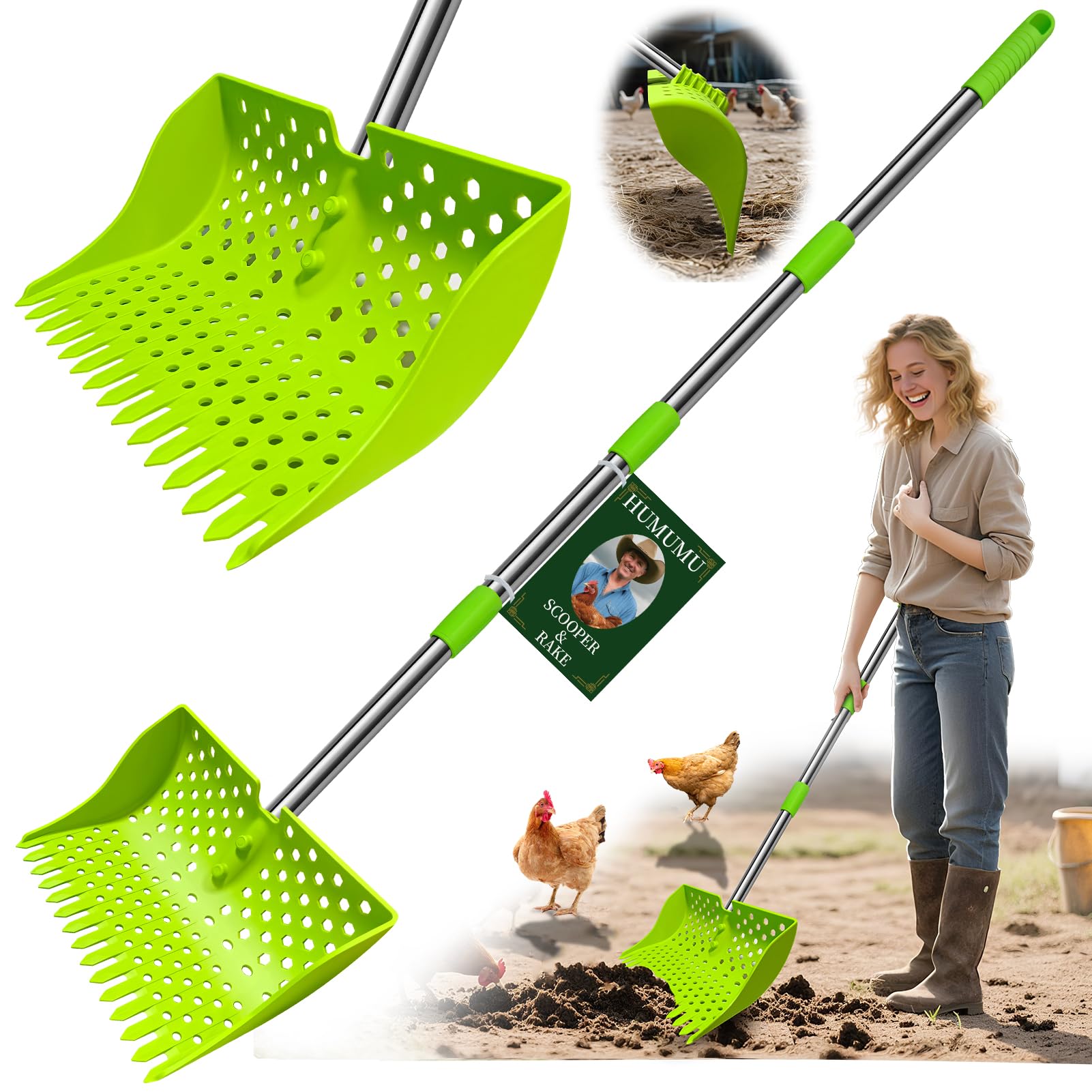 12-Inch 2-in-1 Chicken Poop Scooper & Rake – US Patent Pending – 3-Shape Sifting Holes Chicken Coop Rake?Stainless Steel Handle ?20–61"?– Litter Scoop Sand & Sifting Shovel for Chicken Coops(Green)