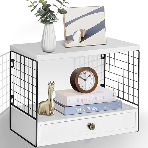 Mesita de noche flotante para mesita de noche, estantes flotantes de metal de madera para dormitorio, estante de pared de baño con cajón, estante de