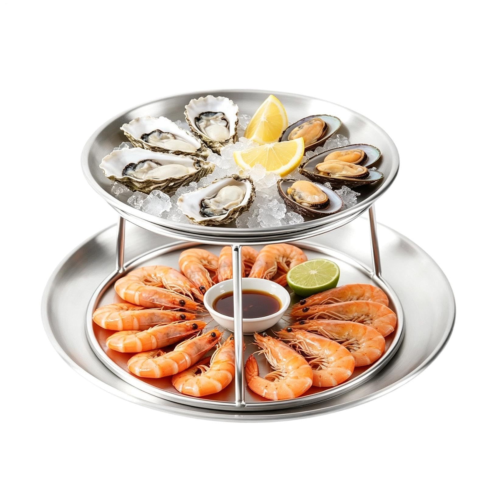 Torre de mariscos, plato de acero inoxidable de 2 niveles con soporte, bandeja de exhibición fría para ostras, cangrejos, buffet de camarones, banquetes, aperitivos, 25 x 25 x 12 cm