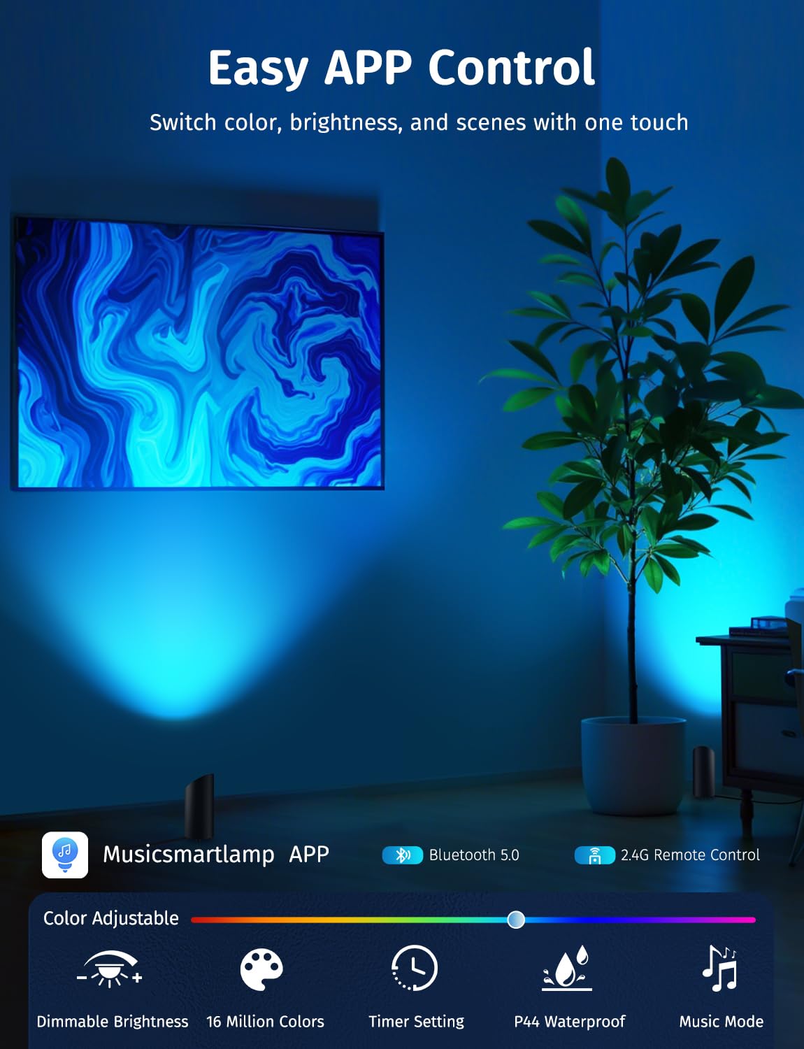 GeyouLux 5W RGBW LED Uplight Spot Regulable, Lampara Pie Led Para Salón con Mando a Distancia, Control a TravéS De La Aplicación, Temporizador, Modo Música Para Salón, Videojuegos, Negro 2 Piezas