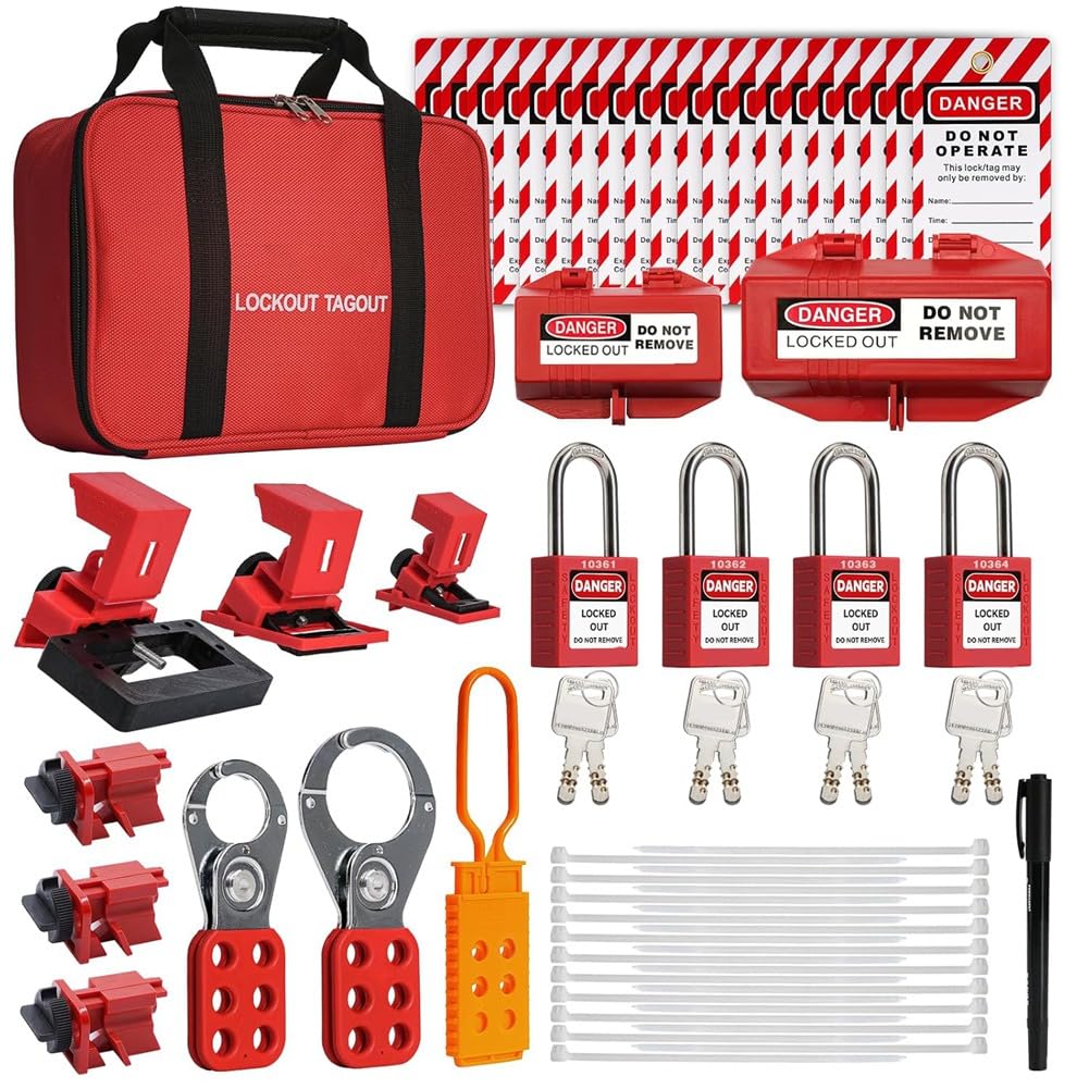 Kit de bloqueo con 4 candados LotoSafety de llaves diferentes y cepos