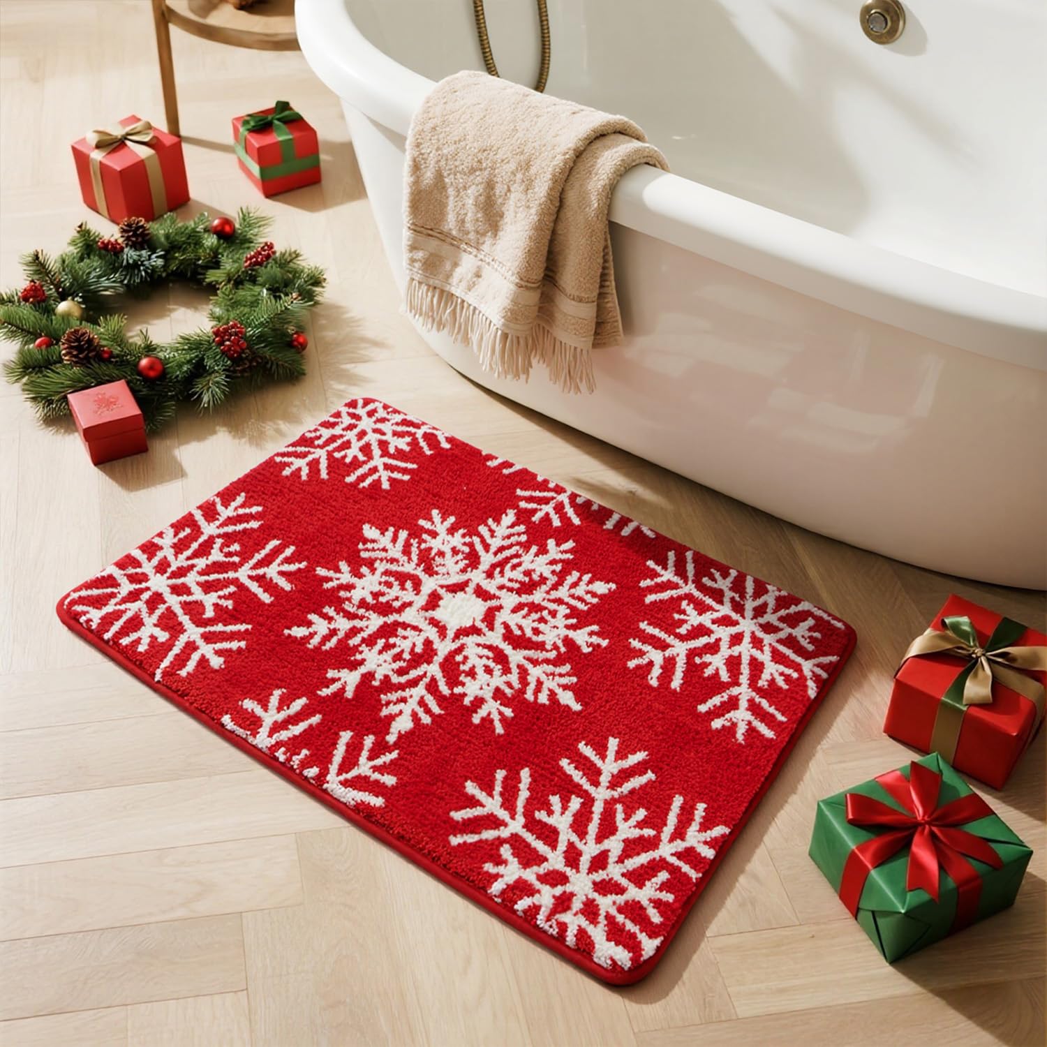 TYUU Christmas Bathroom Rugs, Extra Soft Absorbent Bath Rug Non Slip Washable Bathroom Mat Holiday Xmas Home Decor Indoor Bath Mat, Snowflake, 24"x36"