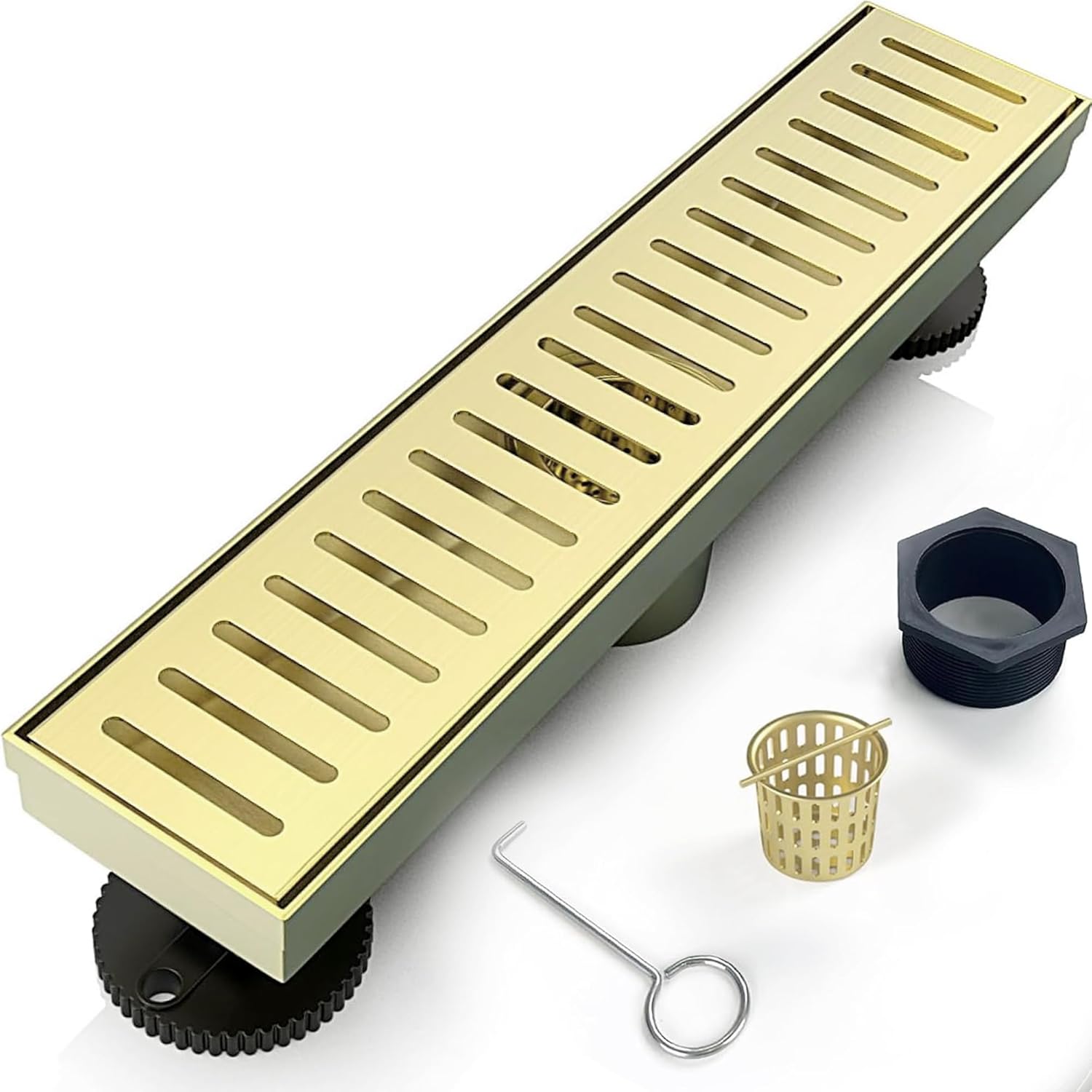 28 Inch Linear Shower Drain Bathroom Kitchen Matte Black Floor Drain Removable Capsule Pattern Cover Accessories Shower Drain 304 Stainless Steel Drain with Hair Strainer Adjustable Leveling Feet