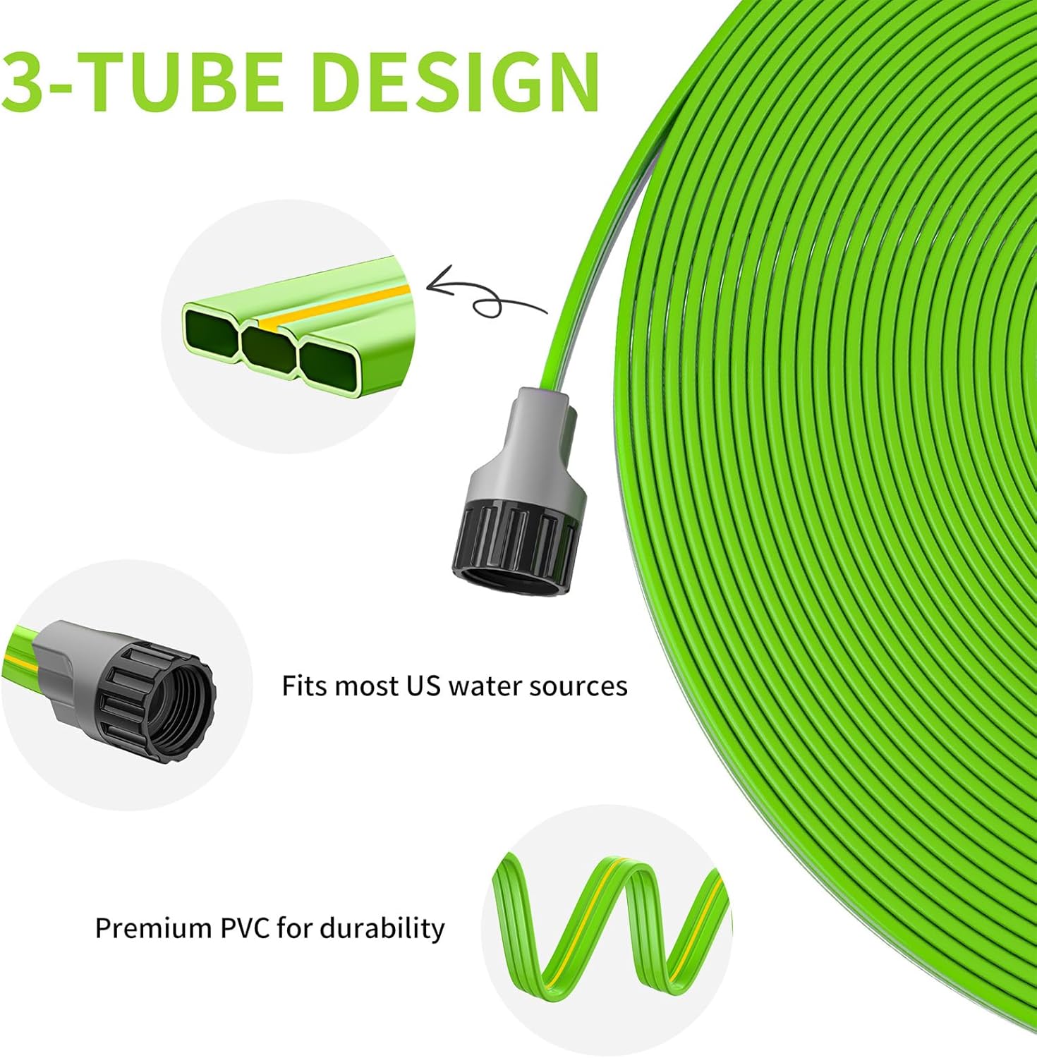 100FT Sprinkler Hose - Flat Soaker Hose with Stakes, Multi-Purpose Garden Watering Drip Irrigation Hose System for Yard Lawn