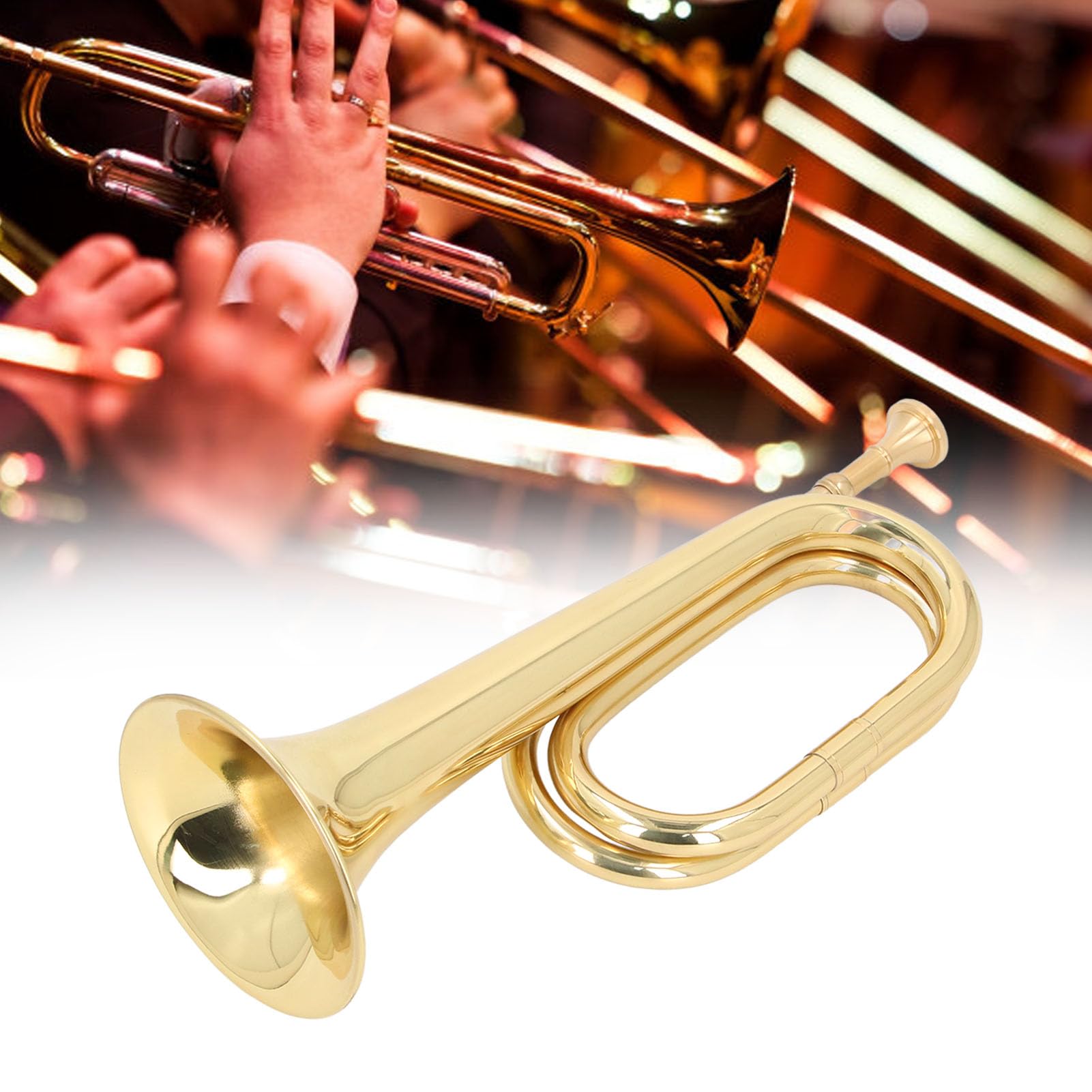Asixxsix Trompette à clé C, Bugle de Cavalerie en Laiton Doré, Instrument de Clairon de Trompette Militaire pour Orchestre Militaire de Clairon de Cavalerie