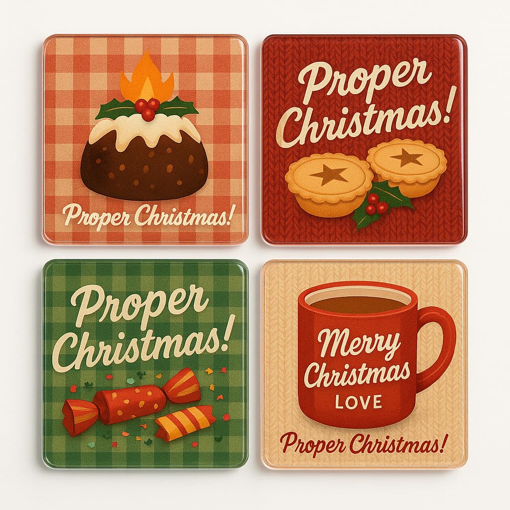 The Plum Penguin Proper Festive Cheer Acrylic Christmas Coaster Gift Set Of 4 With British Xmas Designs - Home Décor For Holiday Gatherings