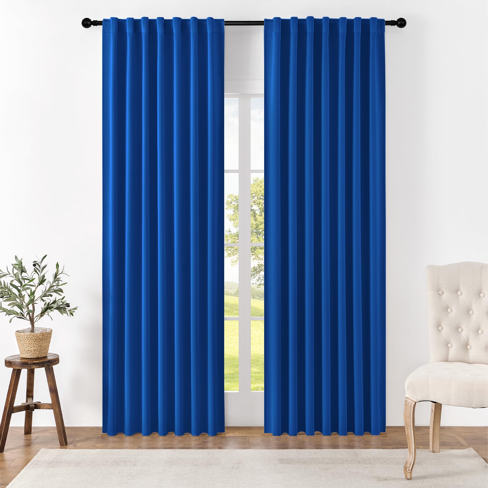 Rideaux occultants bleu roi 132x274cm avec passe-tringle et languette arrière pour chambre