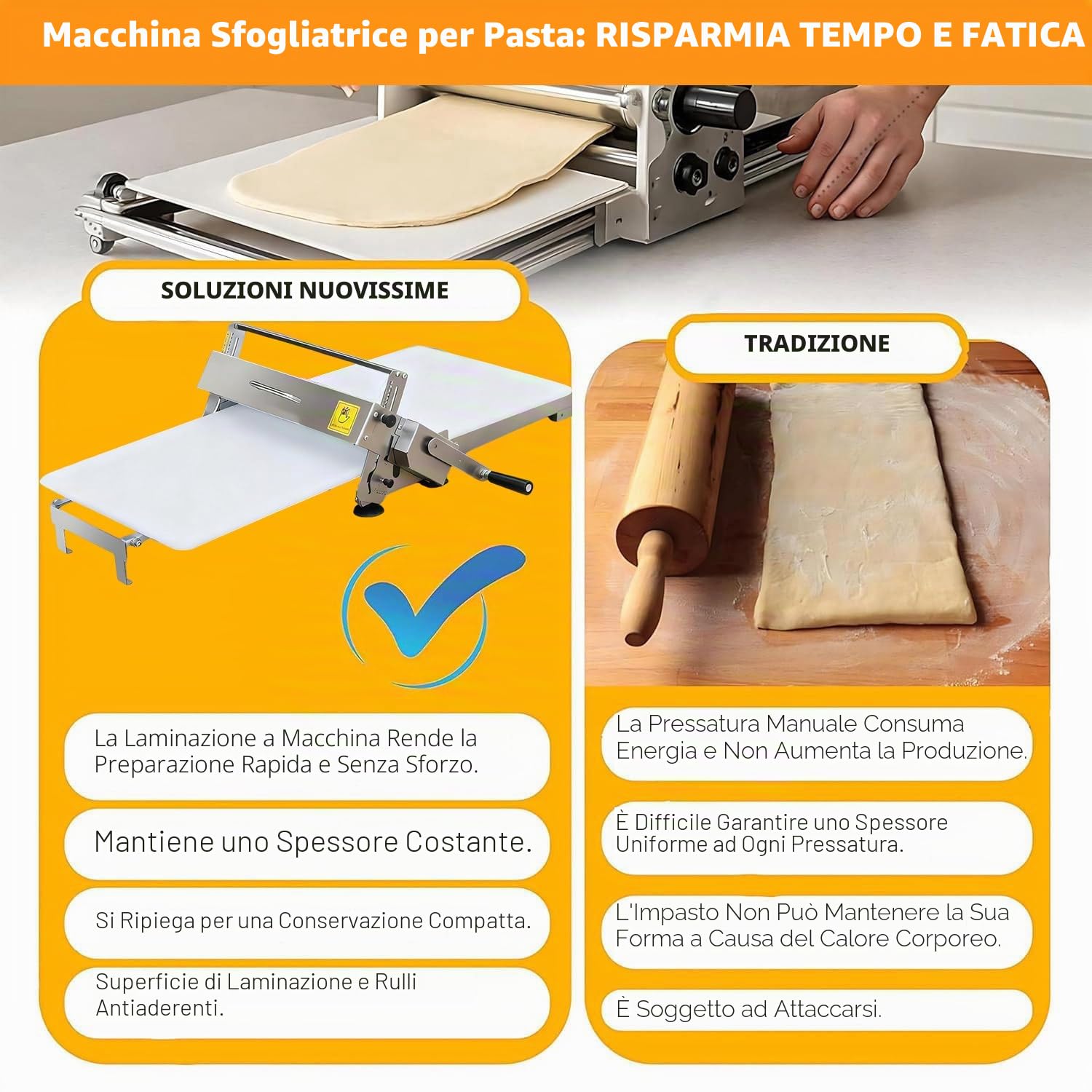 Sfogliatrice Manuale Pieghevole in Acciaio Inox 304, Macchina per Stendere la Pasta con Spessore Regolabile 2–25 mm, Laminatrice per Pasticceria e Cucina Large