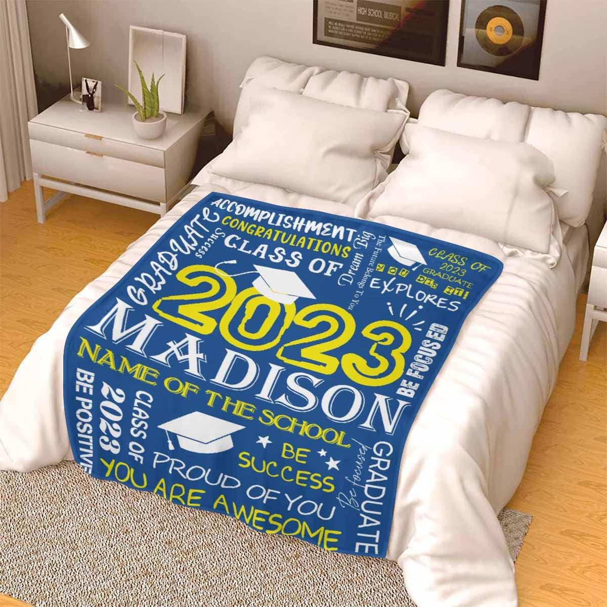 Customize Blanket Graduate Senior 2023 Congratulations Class of 2023 Blue Yellow Blanket Personalized Throw Super Soft Summer Blankets for Girl Boy Kids for Graduations Gifts 40x50