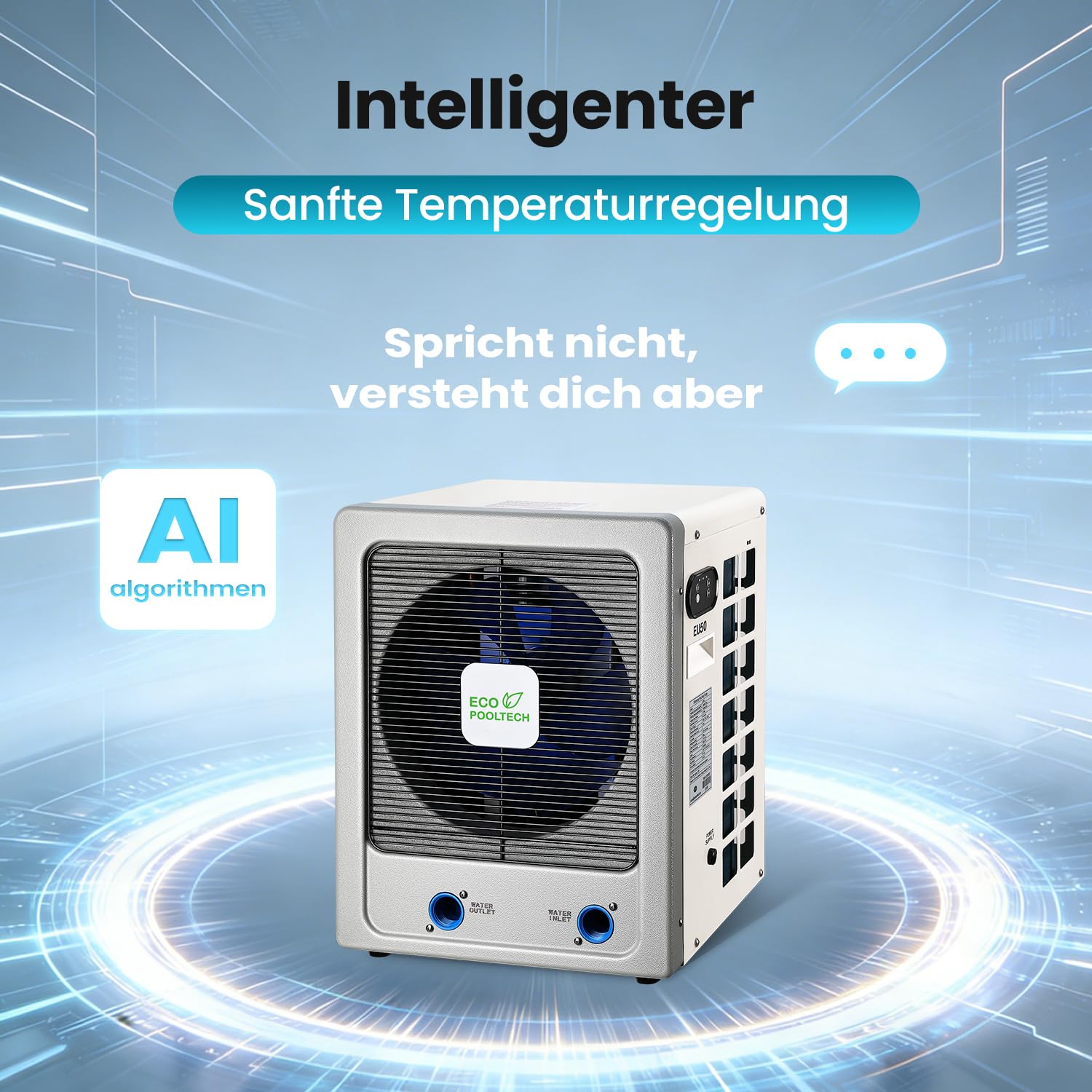 ECOPOOLTECH Pompa di calore inverter da 6 kW, per piscine fino a 50 m³ | Scambiatore di calore in titanio, compressore Turbo-X e adatto per acqua salata per il riscaldamento di piscine compatibili.