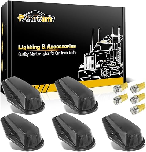 Partsam - 5 luces indicadoras de cabina luces de techo cubiertas de lentes negras bombillas LED 5050 ámbar 194168 T10 compatibles con camionetas Partsam - 5 luces indicadoras de cabina luces de techo cubiertas de lentes negras bombillas LED 5050 ámbar 194168 T10 compatibles con camionetas