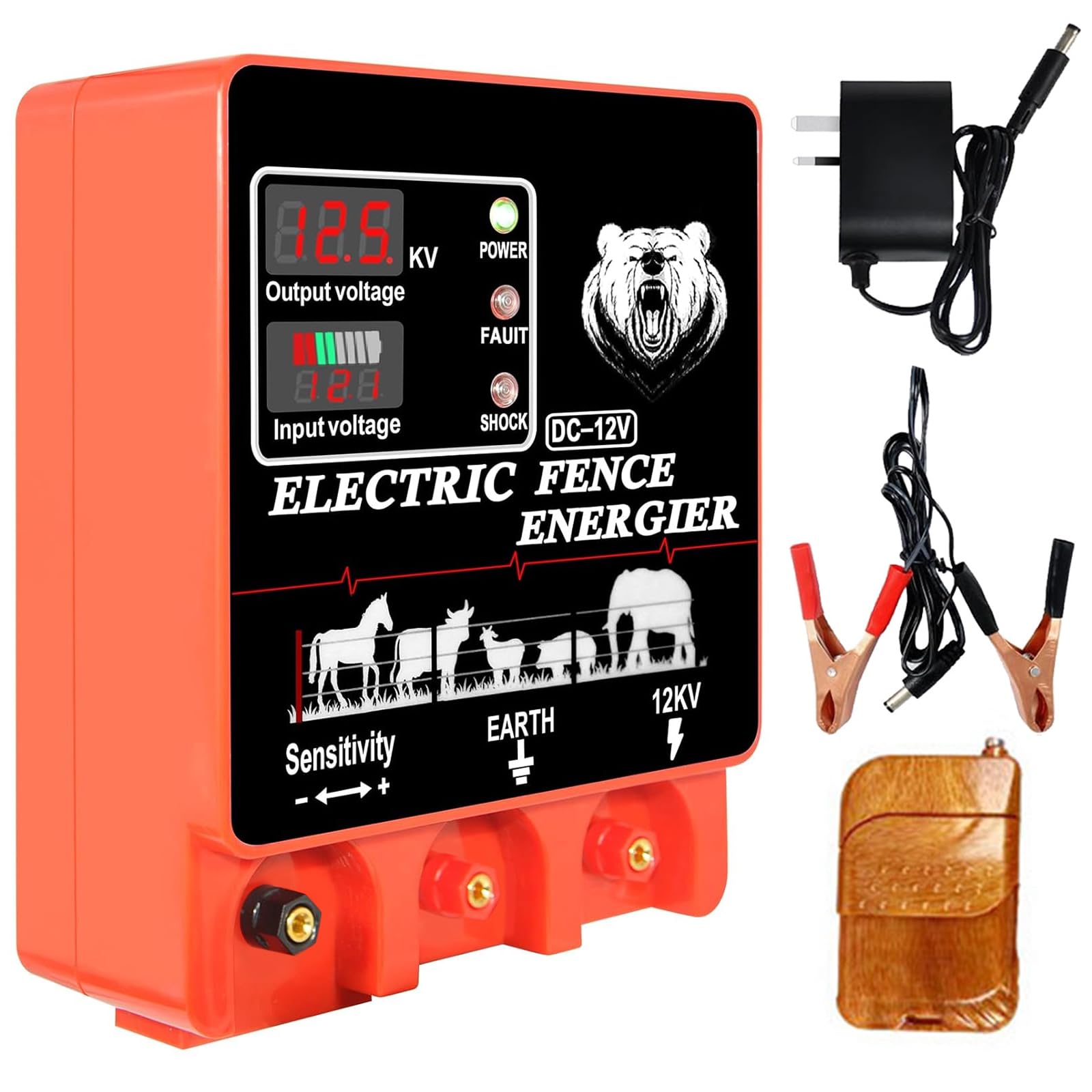 Energizador eléctrico para vallas, 30 km, 8 julios, entrada de 12 V de salida 12 KV, cargador de valla eléctrico, controlador de pulso de alto voltaje para ganado, vaca, disuadir a los depredadores