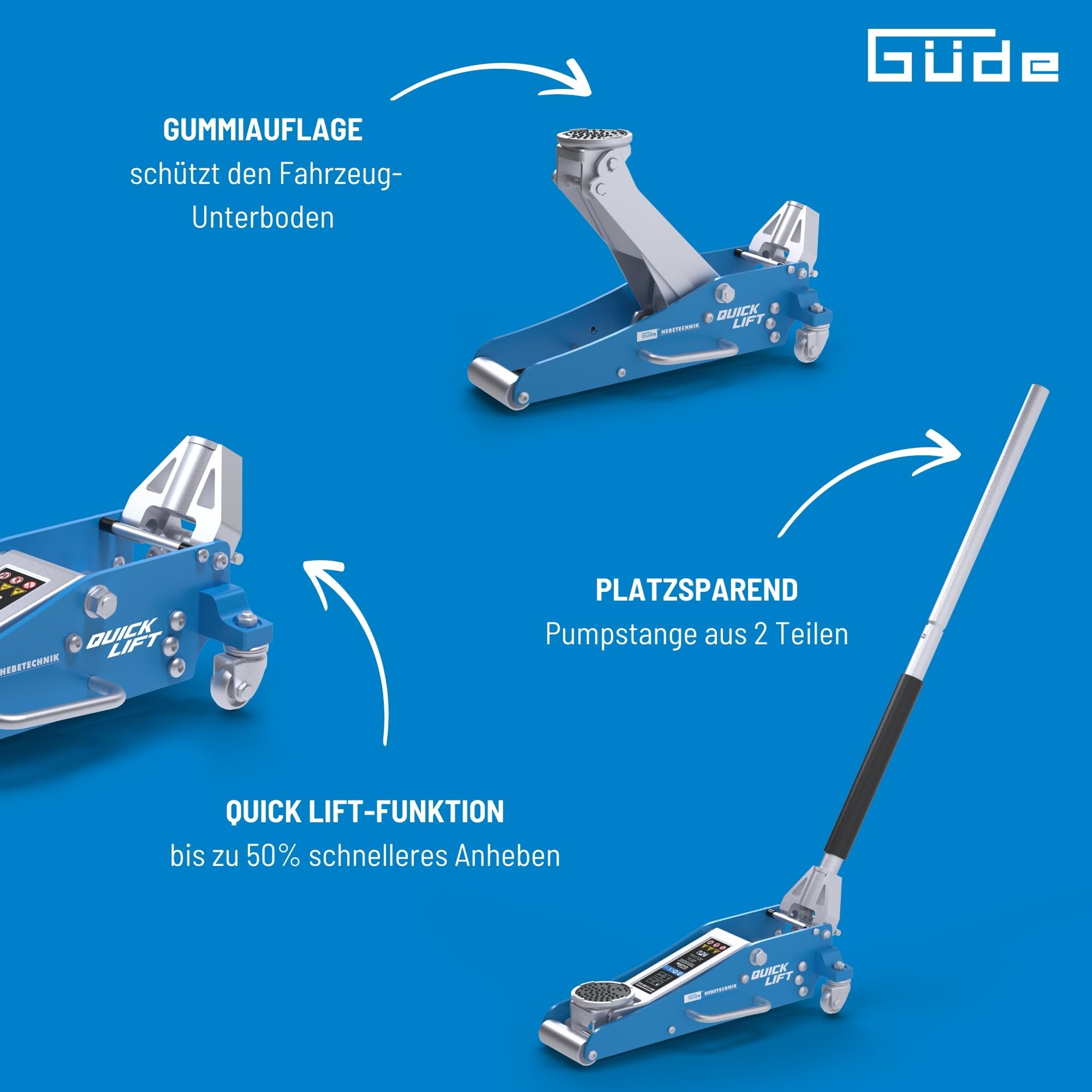 Güde GRH 1,5/360 ALQ Rangierwagenheber - 1,5 Tonnen Hubkraft, 9,7 Zentimeter Lastteller-Durchmesser, min. 9 bis max. 35,8 Zentimeter Hubhöhe, Quick-Lift-Funktion, Stahl- und Aluminium Konstruktion