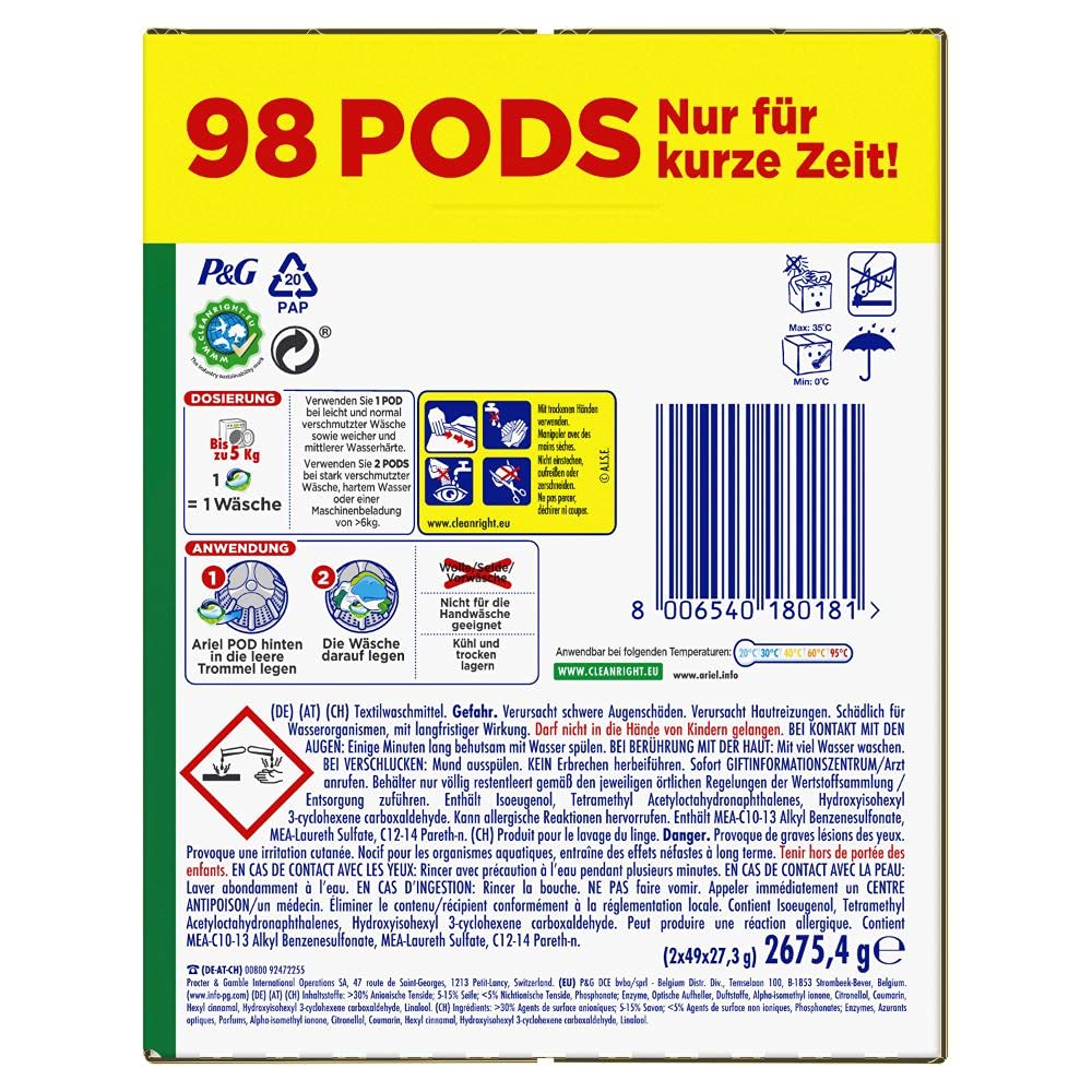 Ariel Waschmittel Pods All-in-1, 98 Waschladungen (2 x 49) Universal Frischer Wäscheduft und strahlende Reinheit