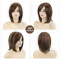 Vista 4 de SEVENCOLORS Pelucas cortas de cabello sintético con flequillo lateral y rubio mezclado para mujeres blancas, longitud al hombro, pelucas de cabello