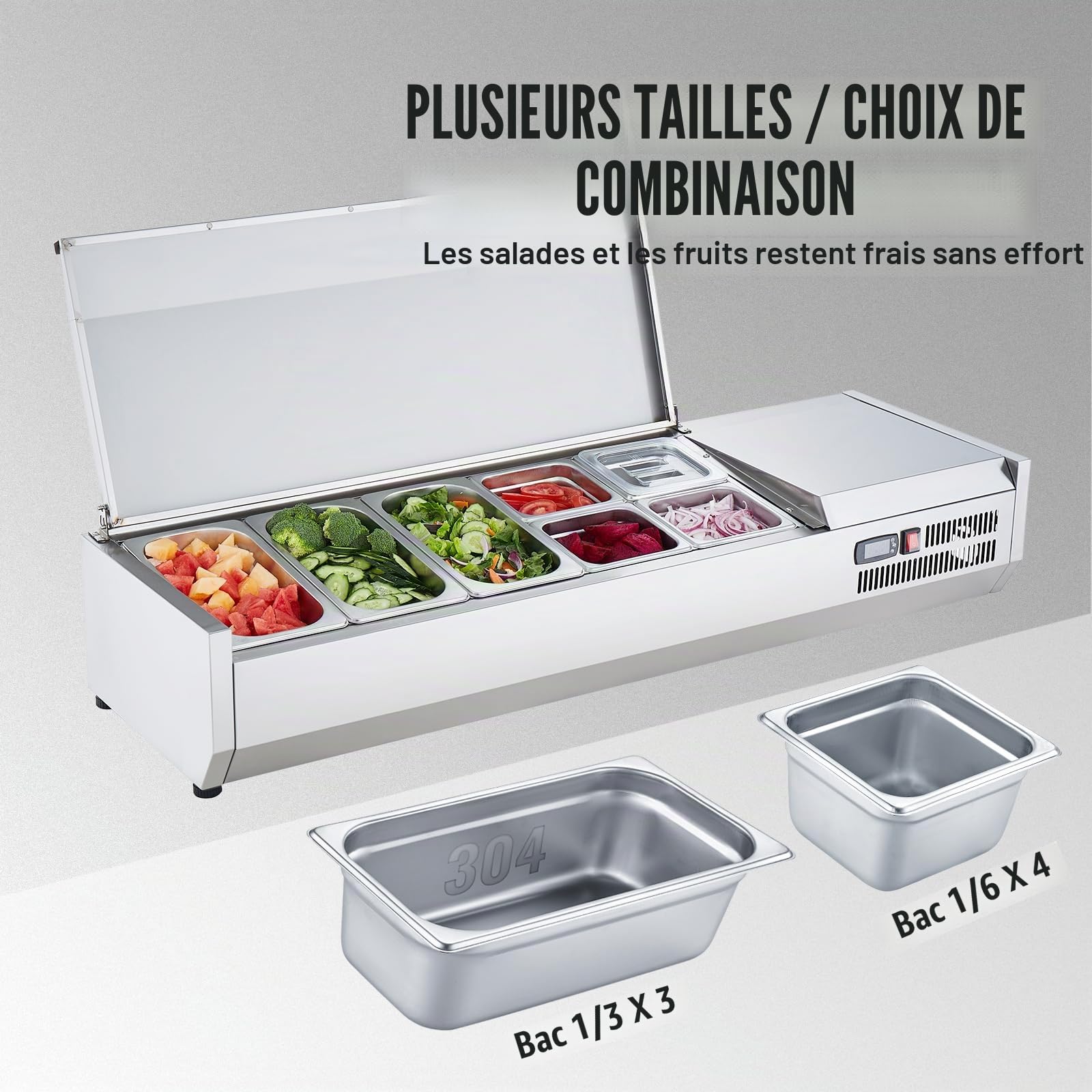VEVOR Saladette Réfrigérée à Poser 150 W, Vitrine Réfrigérée pour Pizzeria, avec 3 1/3 Casseroles et 4 1/6 Casseroles, Corps en Inox 304, Couvercle en PC, Protection en Inox, pour Ingrédients