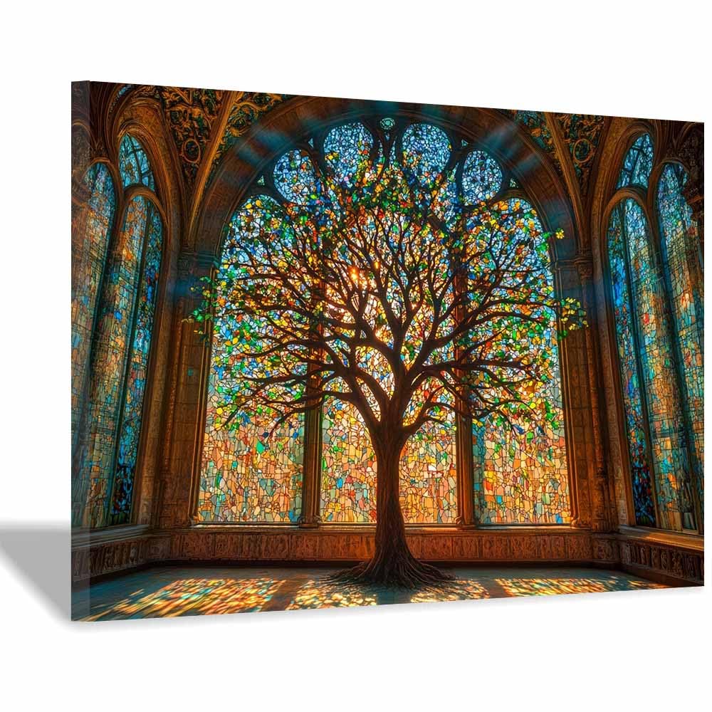 ZAMAEIU Tree of life wall decor Window-framed tree On Canvas Prints Poster Pictures for Living Room Bedroom Home Office Wall Decoration(green)-70x100cm Framed