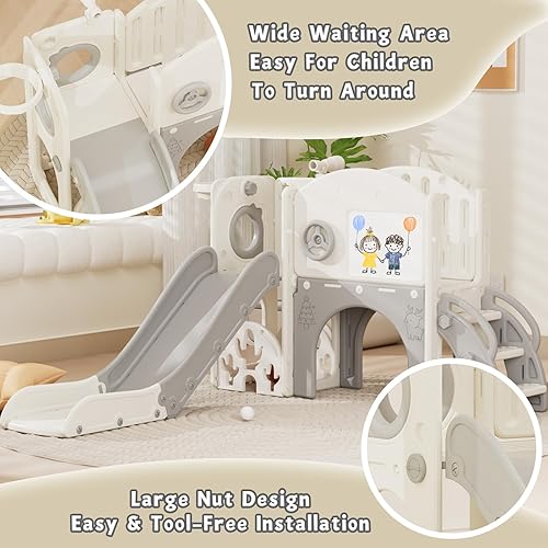 Miniatura 2 de 67i Tobogán infantil para interiores con tabla de dibujo, juego de golf, aro de baloncesto, parque infantil para niños de 1 a 3 años, escalones