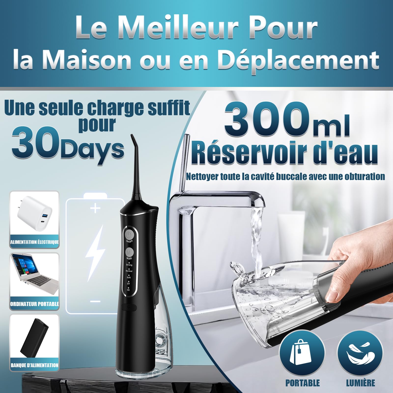 OasiSmile Jet Dentaire Hydropulseur: 5 Embouts Rotatifs 360°, 4 Modes & DIY Pression Réglable, Favorise l’Hygiène Buccale, Irrigateur Oral Étanche IPX7, Hydropulseur Portable 300 ML, Maison et Voyage