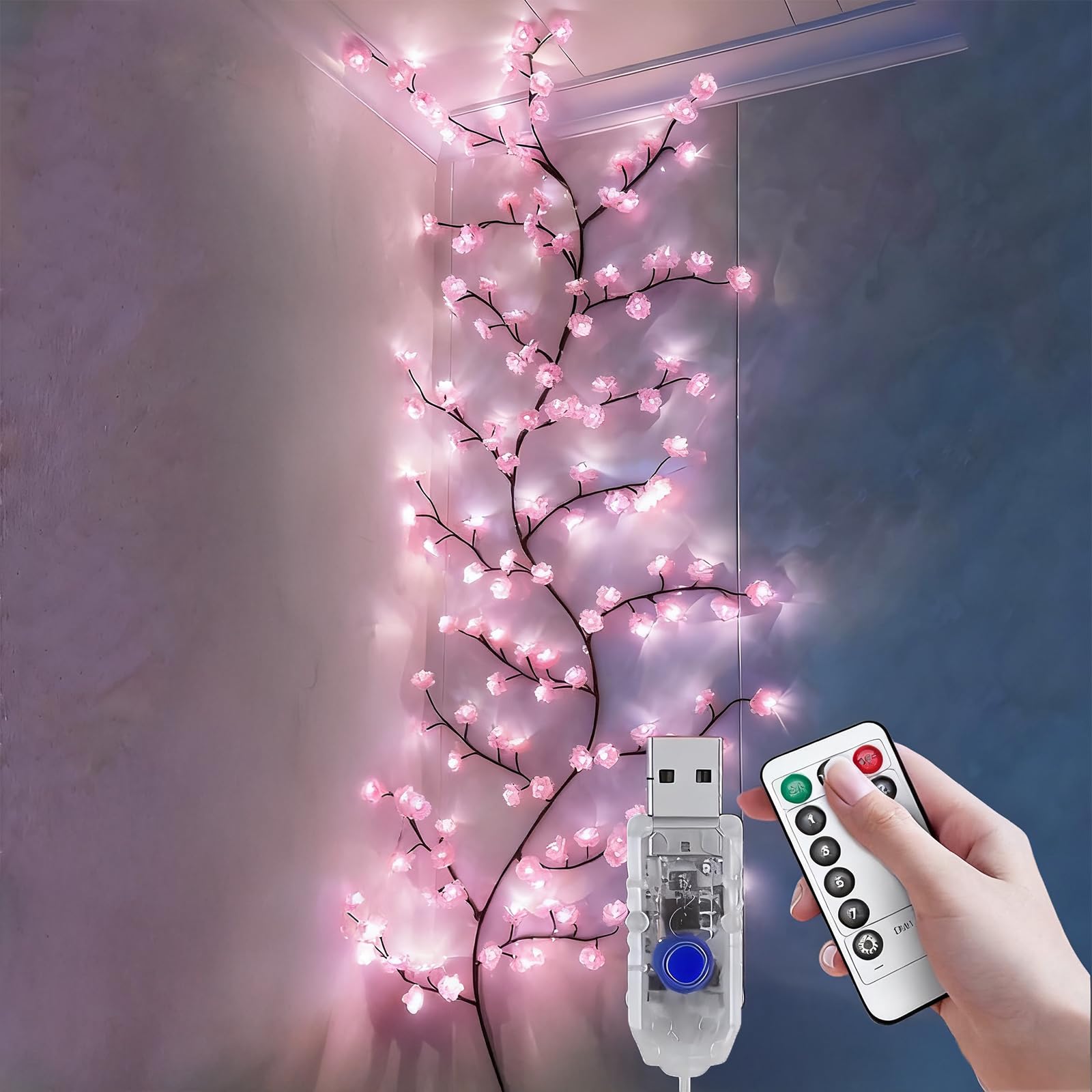 Kirschblüten Lichterkette 144 LED Wanddekoration mit Fernbedienung 8 Lichtmodi USB-gespeist für Schlafzimmer und Wohnzimmer