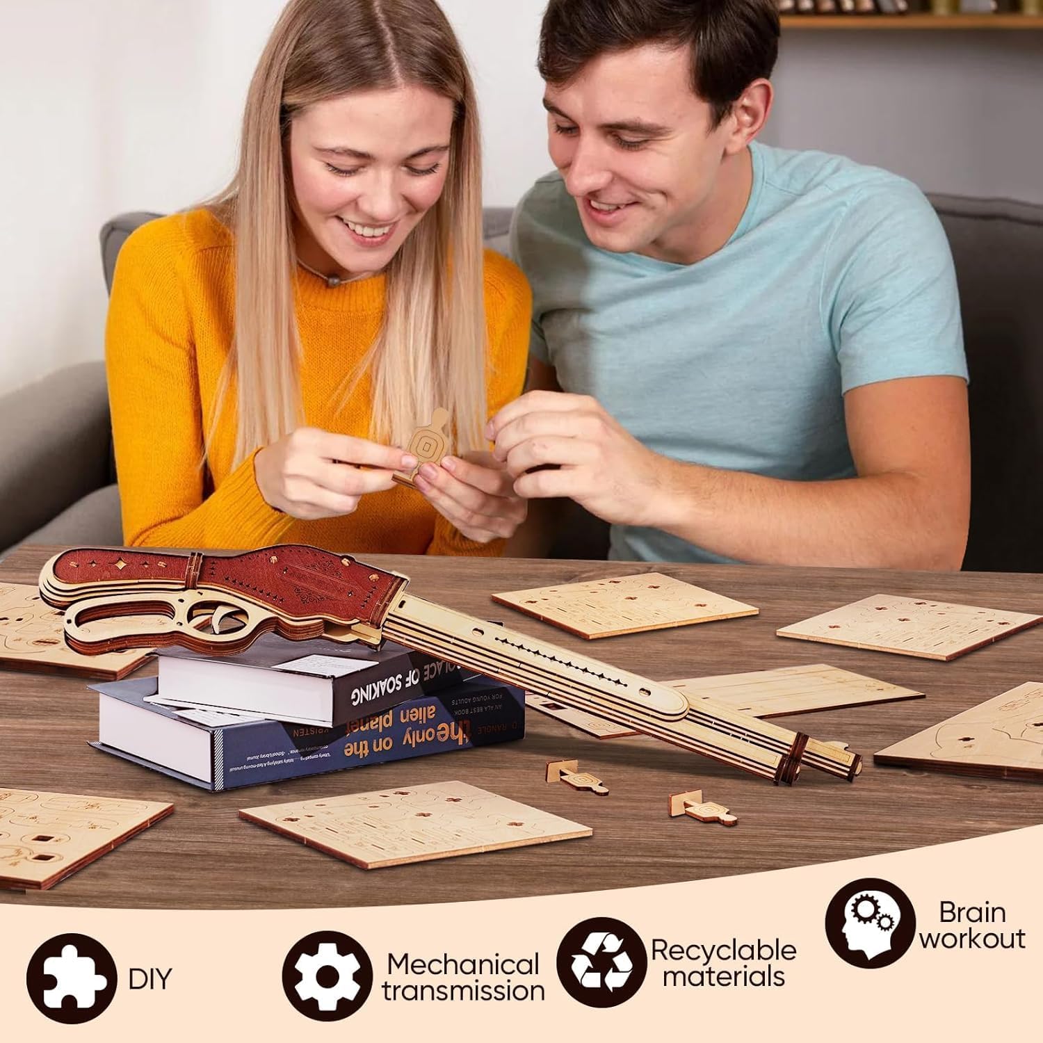 Cool Unique Valentines Day Gifts for Men, 3D Wooden Puzzles for Adults - Wooden Gun Puzzle, DIY Wood Model Building Kit for Adults - Rubber Band Gun for Husband Boyfriend Dad Fathers Day Birthday Gift