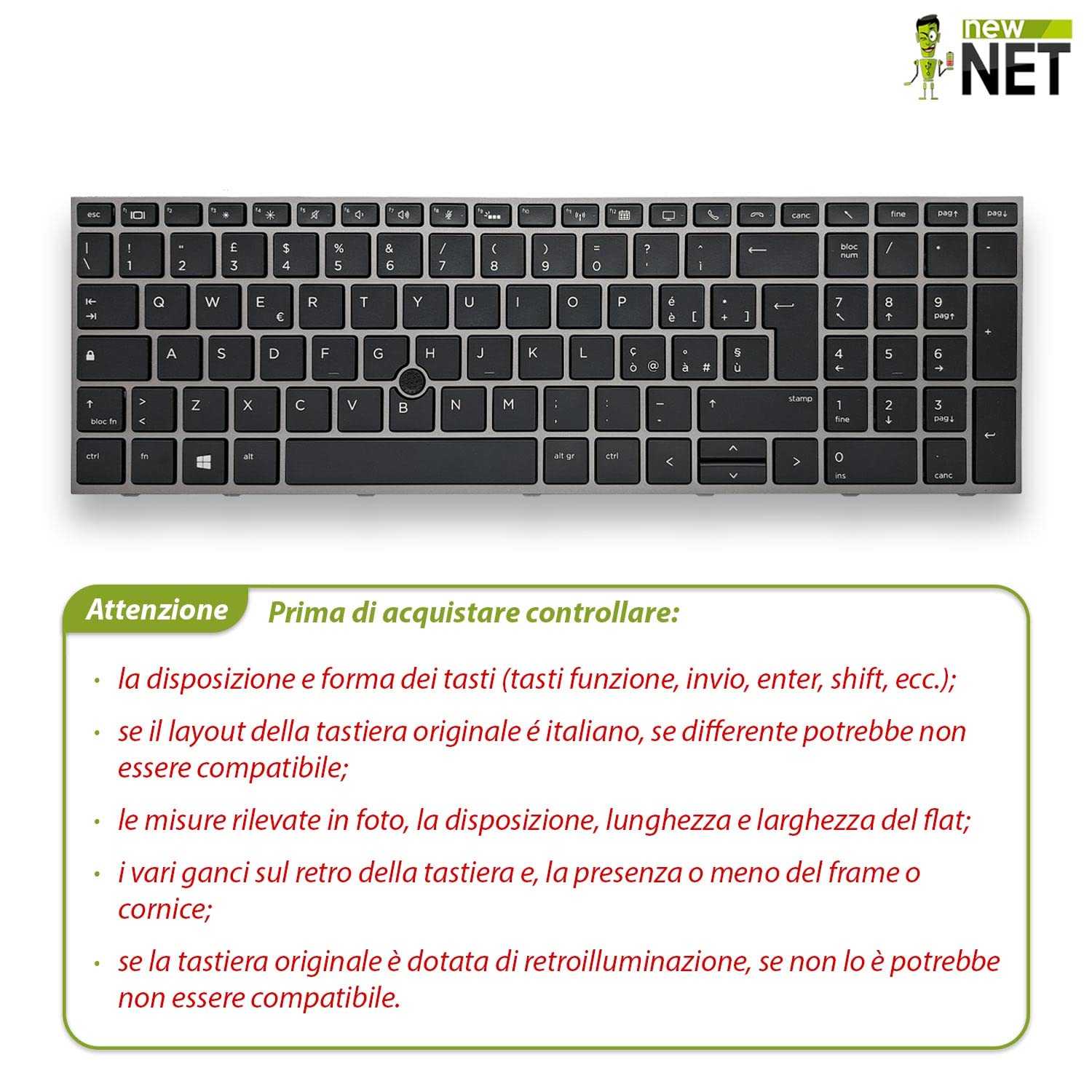 Tastiera Per HP ZBook 15 G5, Layout ITA Retroilluminata Con Trackpoint, Frame Grigio Scuro, Compatibile L12764-061