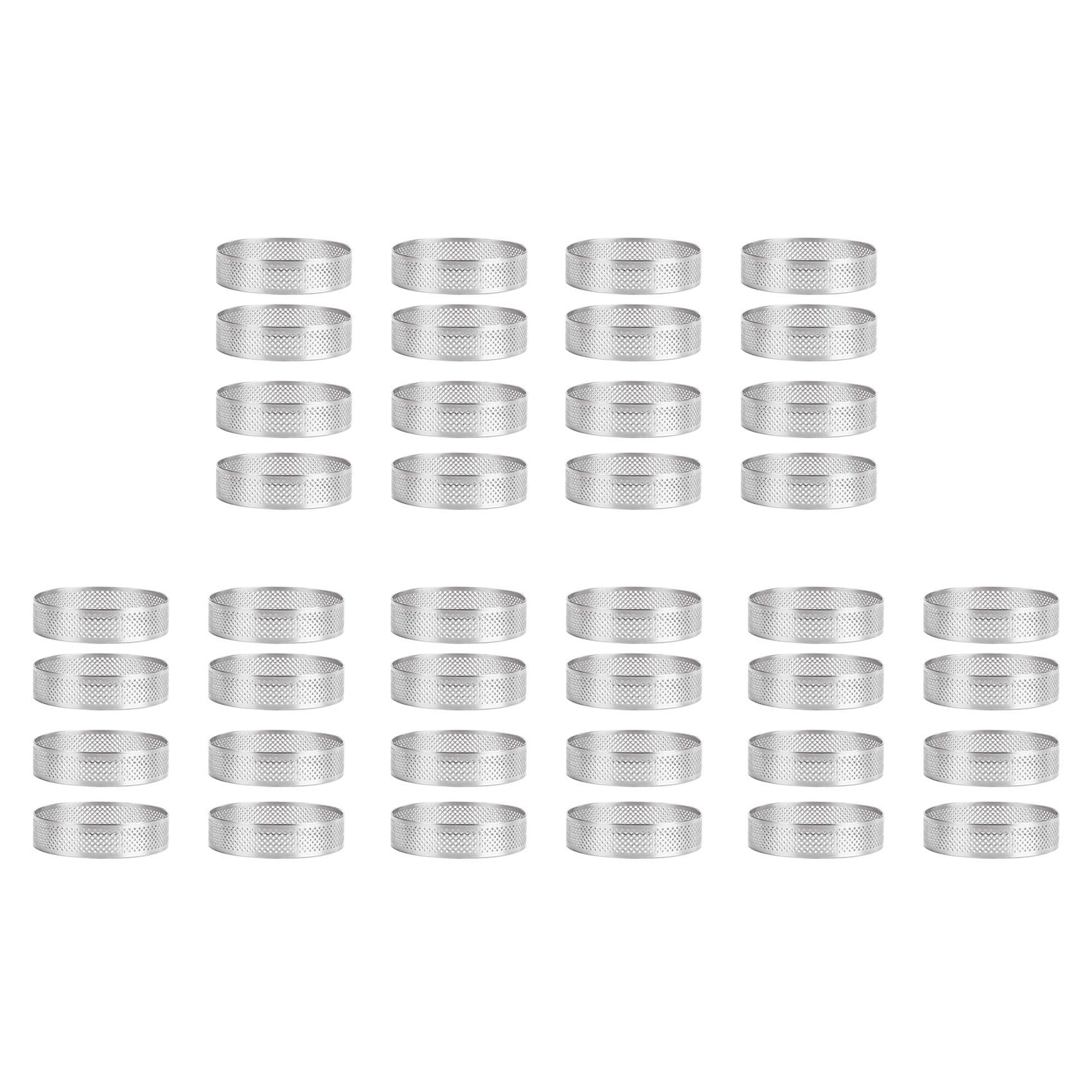 Vjsujehgy 40Pcs Stainless Steel Tart Ring,Heat- Perforated Cake Mousse Ring Round Double Rolled Tart Ring Metal Mold 10cm