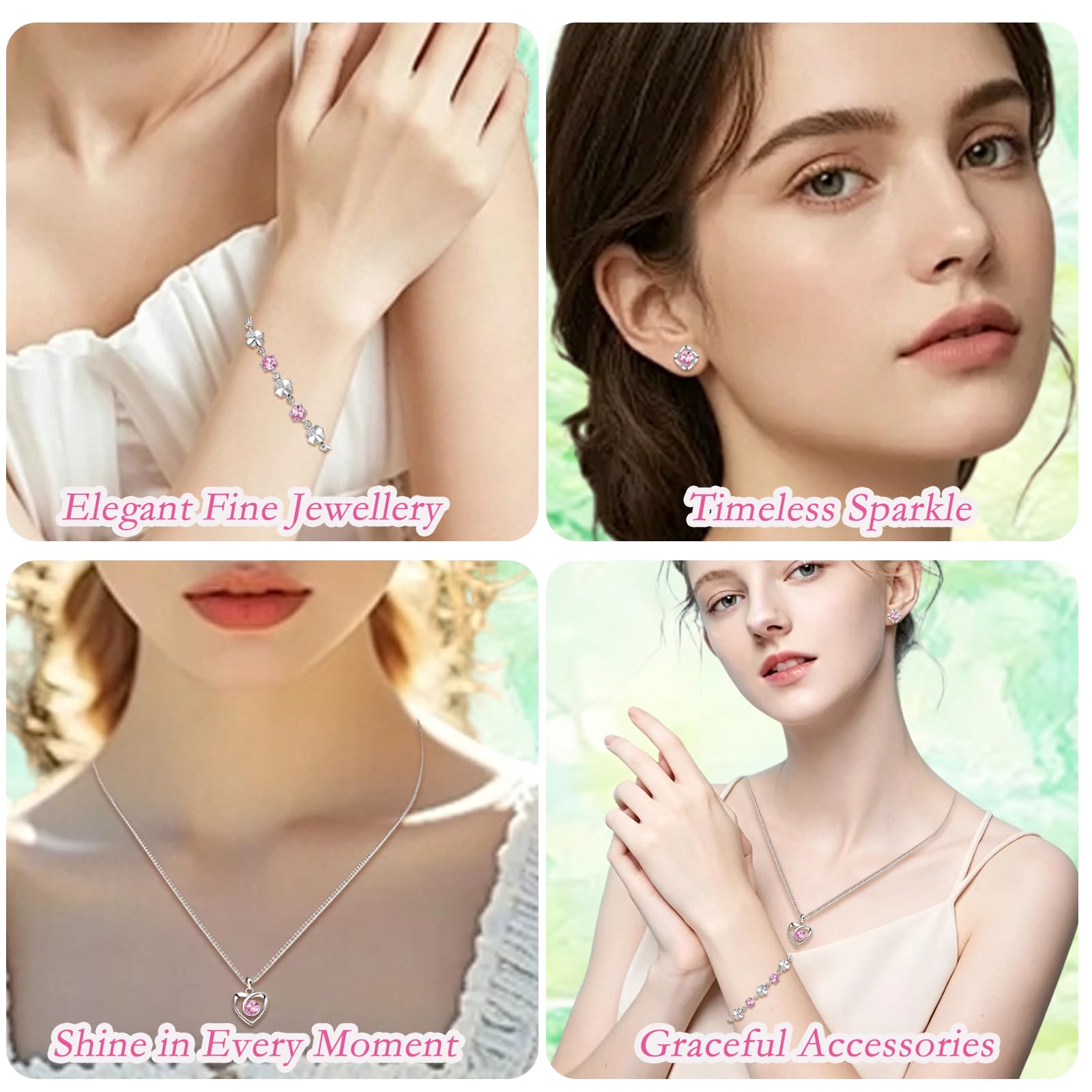 Schmuck Set Damen Silber 925, Set mit Weiß Rosa Blau Lila Zirkonia | Herz Halskette & Klee Armband & Klee Ohrstecker, 45cm Liebe Halskette Ohrringe Ohrstecker Armkette, Hypoallergen für Frauen