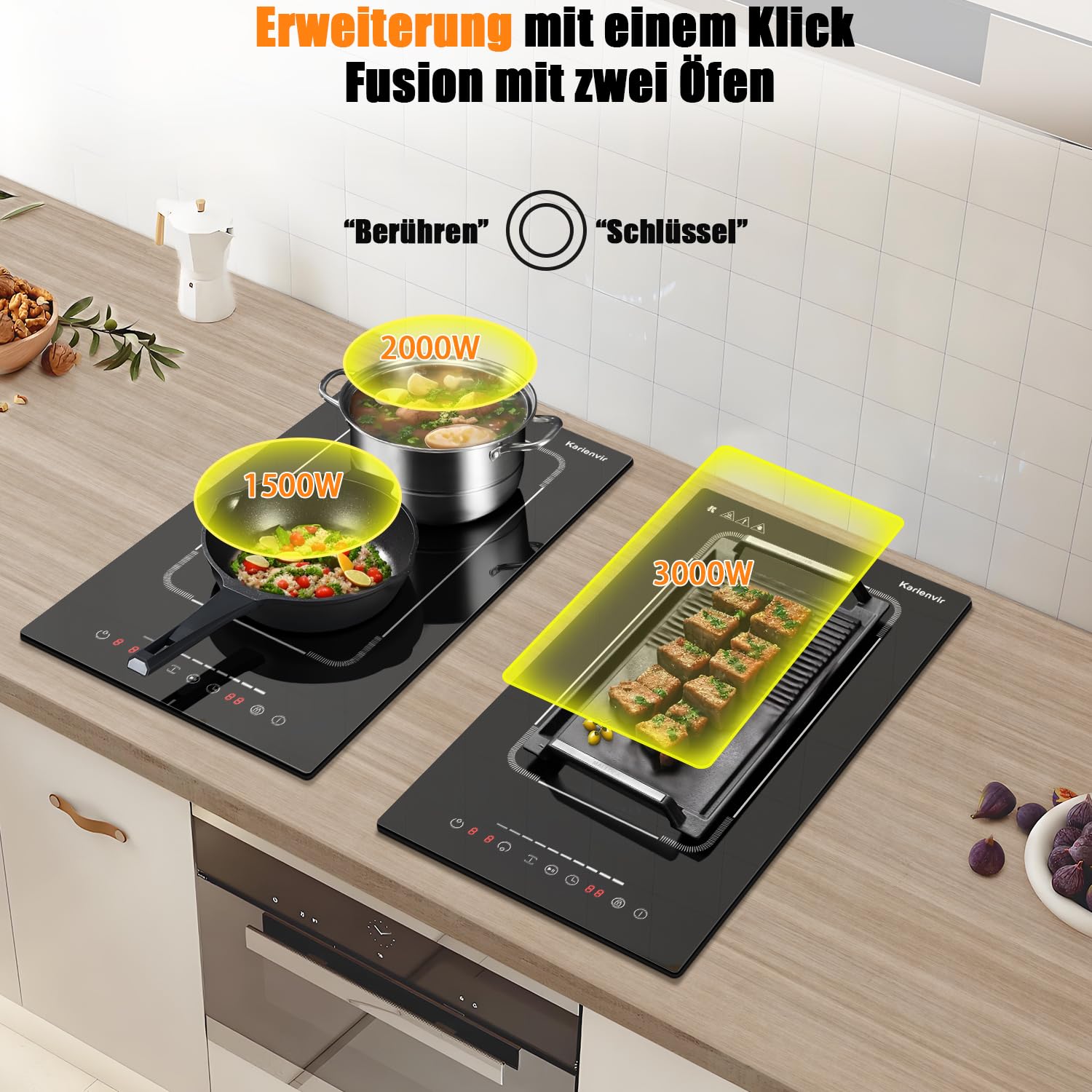 Karienvir Piano cottura a induzione 2 piastre 30 cm con spina, piano cottura a induzione integrato e piano di lavoro, cursore a induzione, regione di espansione, timer, blocco di sicurezza, pausa,