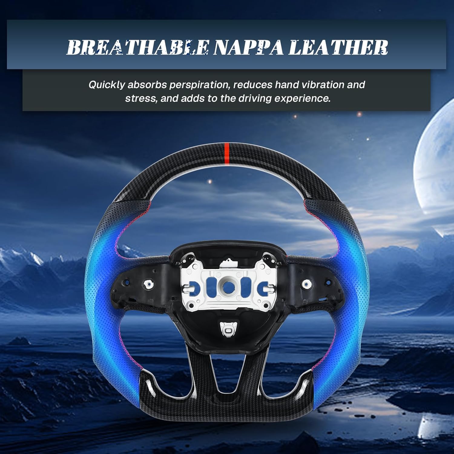 Hydro-Dip Carbon Fiber Steering Wheel For Dodge D-shaped Nappa Perforated Leather Flat-bottom Steering Wheel For Dodge/Jeep Grand Cherokee/SXT/GT/RT/SRT/HELLCAT