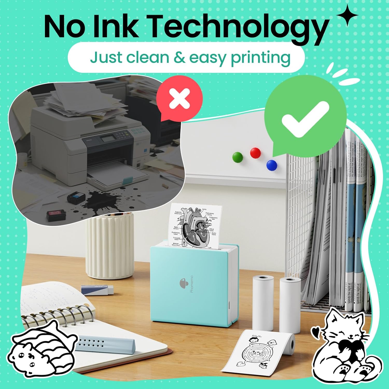 Phomemo Sticker Printer, Mini Printer Sticker Maker Machine M02, Print Pods Mini Pocket Machine for Creative DIY, Photos, Study Notes, Small Thermal Label Maker with AI APP for Home/Office/School,Cyan