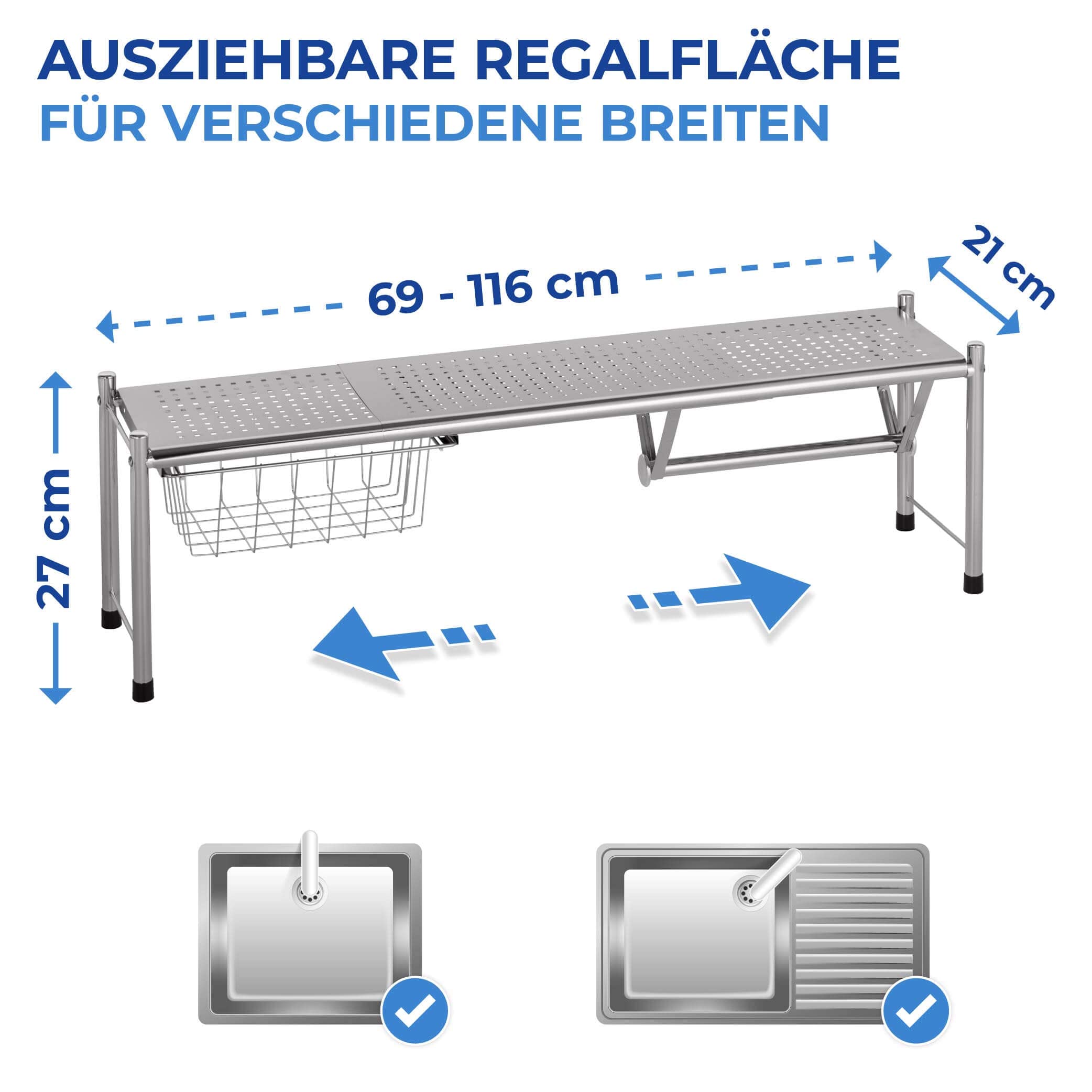 WENKO Spülbeckenregal Mod. Expando vielseitige ausziehbare Ablagefläche für optimalen Platz über der Spüle von 69 bis 116 cm Farbe nicht angegeben