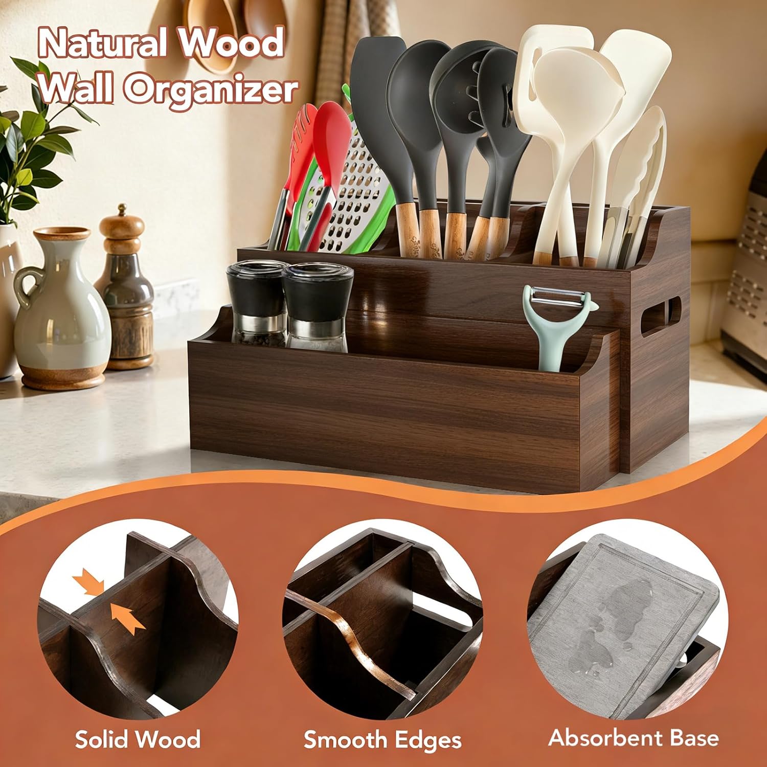 Kitchen Utensil Holder for Countertop, Large Wood Organizer for Utensil Crock with Spoon Rest, Farmhouse Cooking Utensil Holder with 7 Compartments, Wall Mount Rustic Wooden Storage for Cooking Tools
