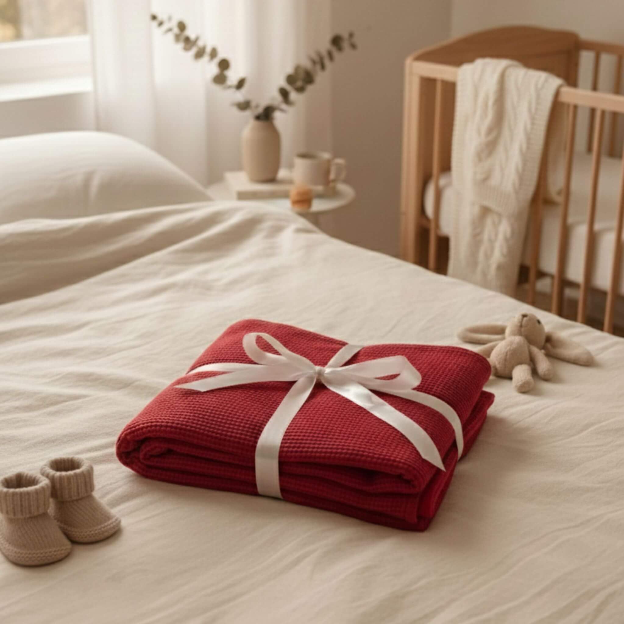 Linnie's Rotes Geburtstuch 90x90 cm, 100% Bio-Baumwolle, Doppellagig Musselin und Waffelpiqué, Babydecke für Neugeborene - Gebärmutter Effekt/Hebammen TIPP Erstausstattung