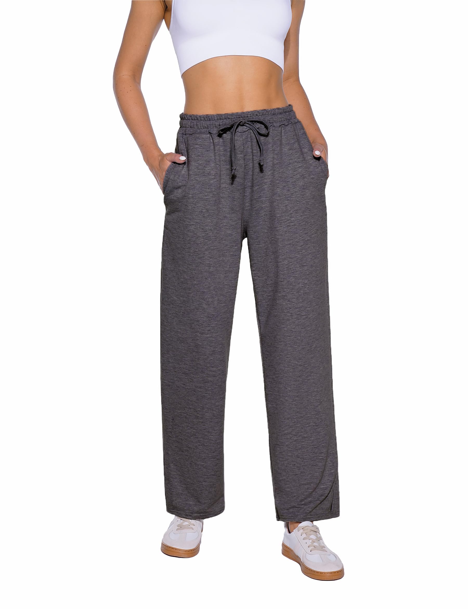 Demegimi Pantaloni Sportivi Donna a Vita Alta con Tasche Pantaloni della Tuta Donna in Cotone a Gamba Larga Pantaloni Jogger Leggeri con Coulisse per Jogging Fitness Sport Yoga