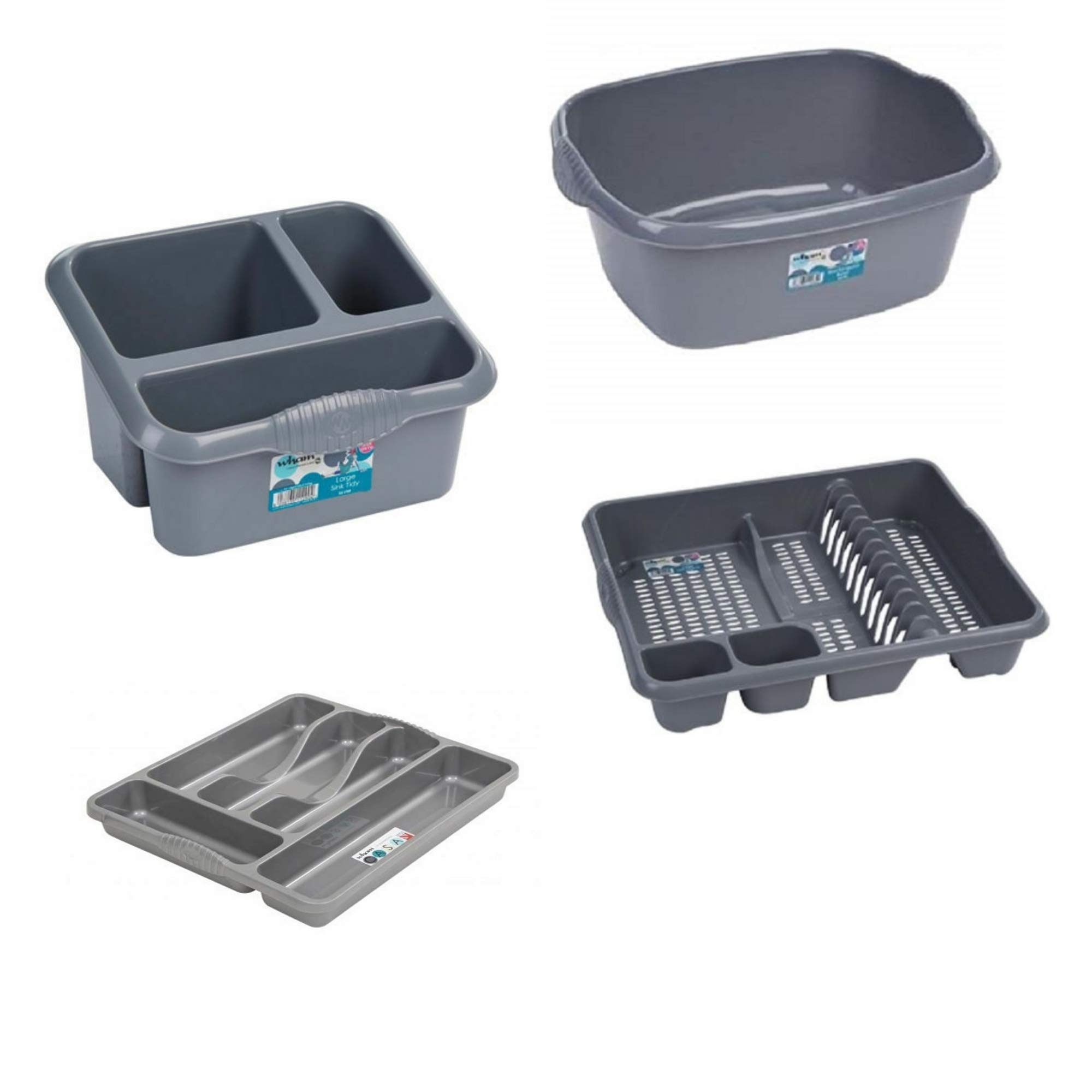 Galleries Wham Set of 4 Plastic Dish Drainer With Sink Tidy,Washing Up Bowl & Cutlery Tray (Silver) โ image 1
