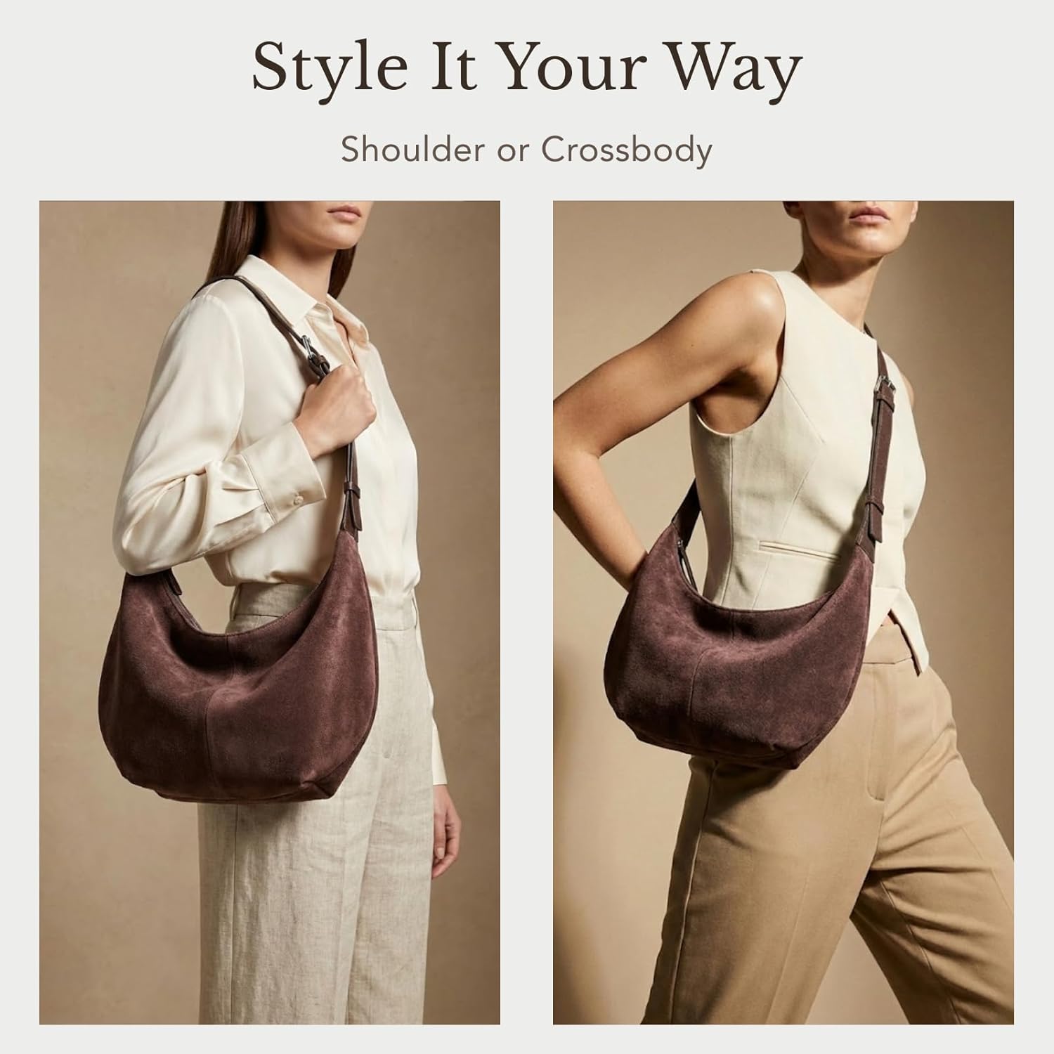 Suede Hobo Crossbody Bag for Women Crescent-Shaped Shoulder Bag with Zipper Closure for Everyday Use