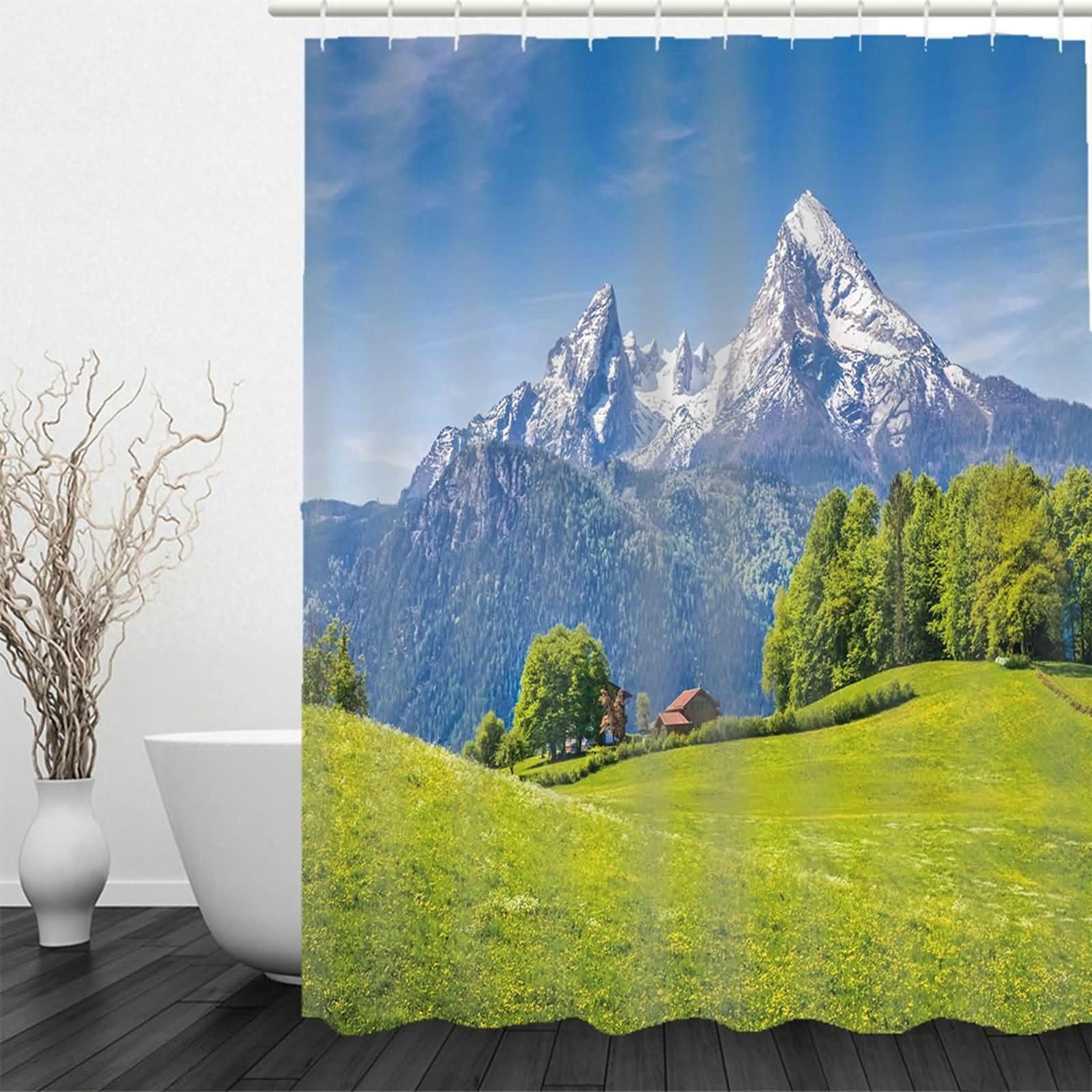 Cortina de ducha de tela textil azul verde con patrón de rango de montaña antimoho cortina de baño de poliéster impermeable lavable cortinas de ducha en el baño para bañera con anillos de