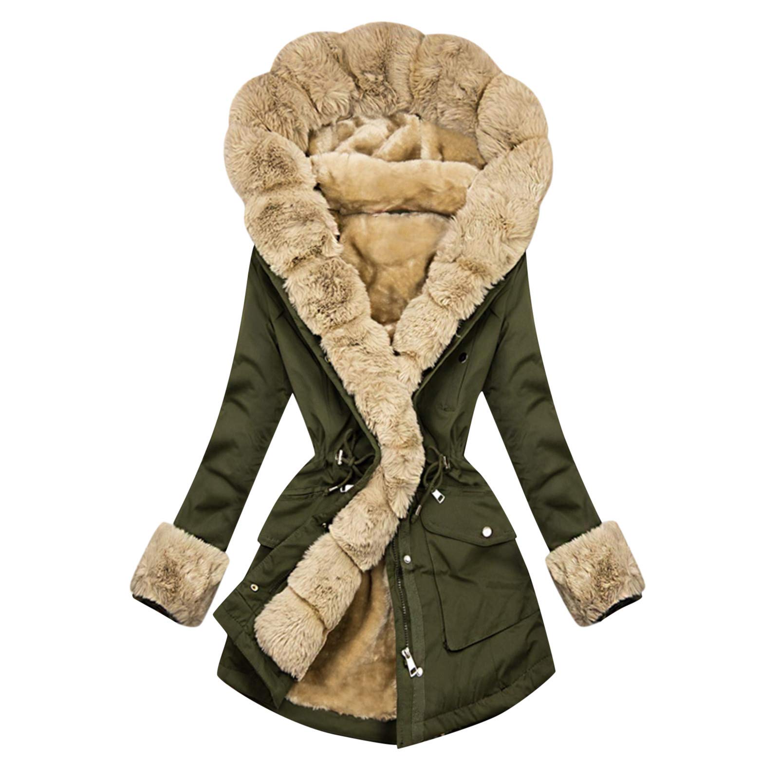 Parka de invierno para mujer, forrada, cálida forro de peluche, abrigo de exterior, trench con capucha de piel sintética, abrigo de invierno de manga larga, chaqueta con capucha, entallada,