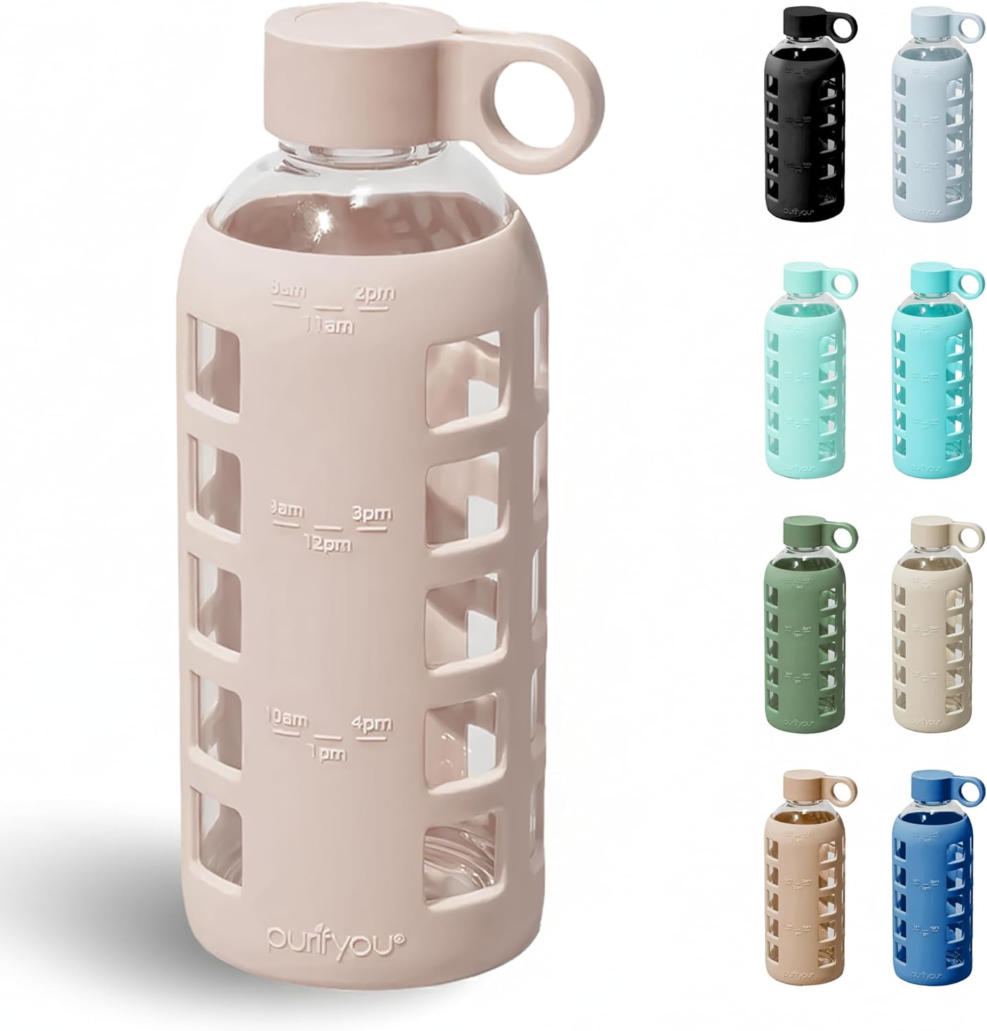 purifyou 40oz / 32oz / 22oz / 12oz Borosilicate Glass Water Bottle with Time & Volume Markers, Silicone Sleeve, Stainless Steel Lid | Reusable Glass Bottle for Water & Juice (22oz Hazelnut)