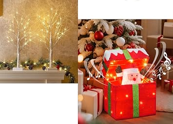 PEIDUO Christmas Decorations, Birch Tree and Christmas Santa in Lighted Gift Box