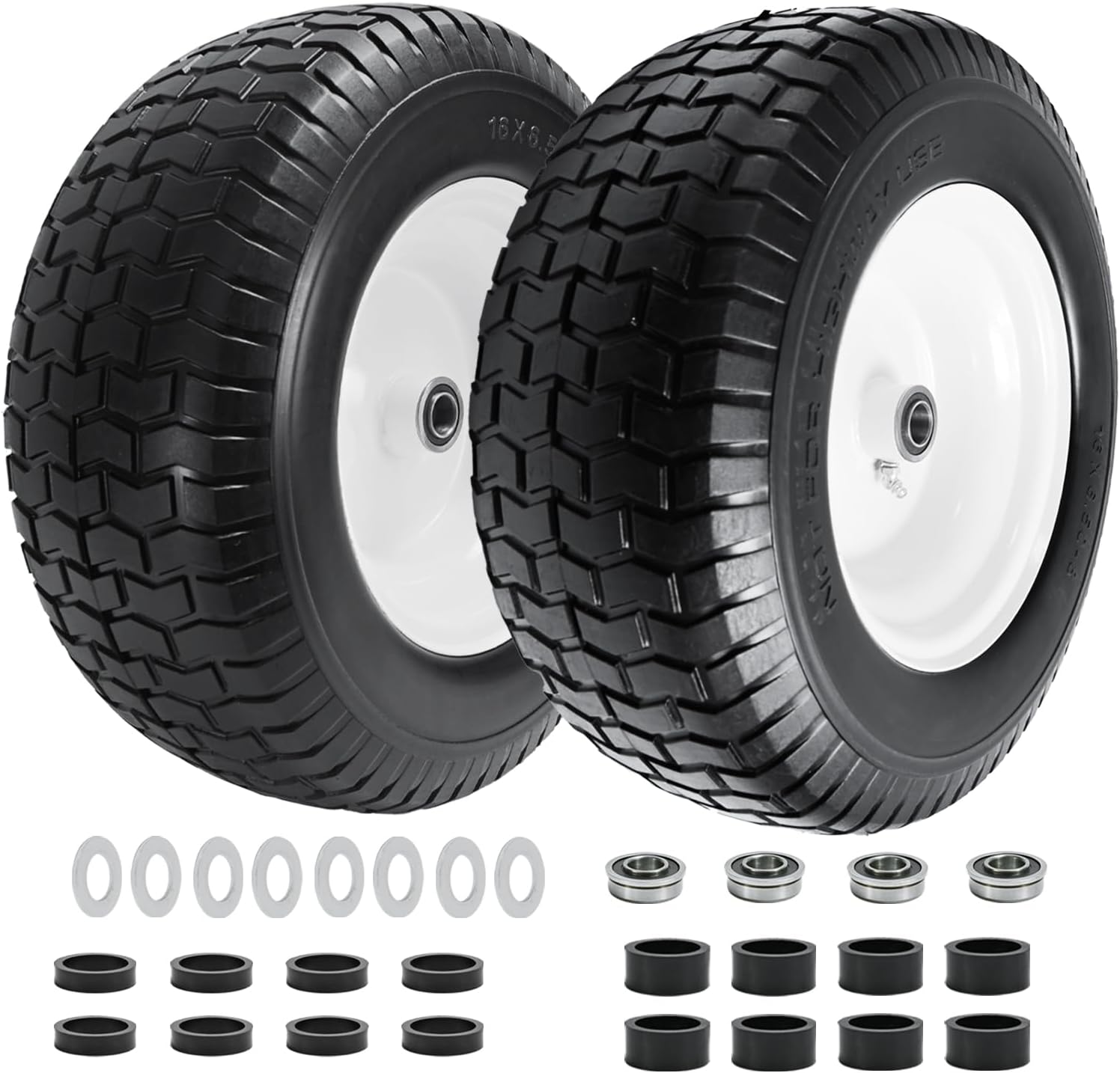(2-Pack) 16x6.50-8 Flat-Free Riding Lawn Mower Tire and Wheel for Garden Tractor Riding Lawn Mowers with 3/4" & 5/8" Bearing, 3" -4.5" Centered Hub 1 pcs