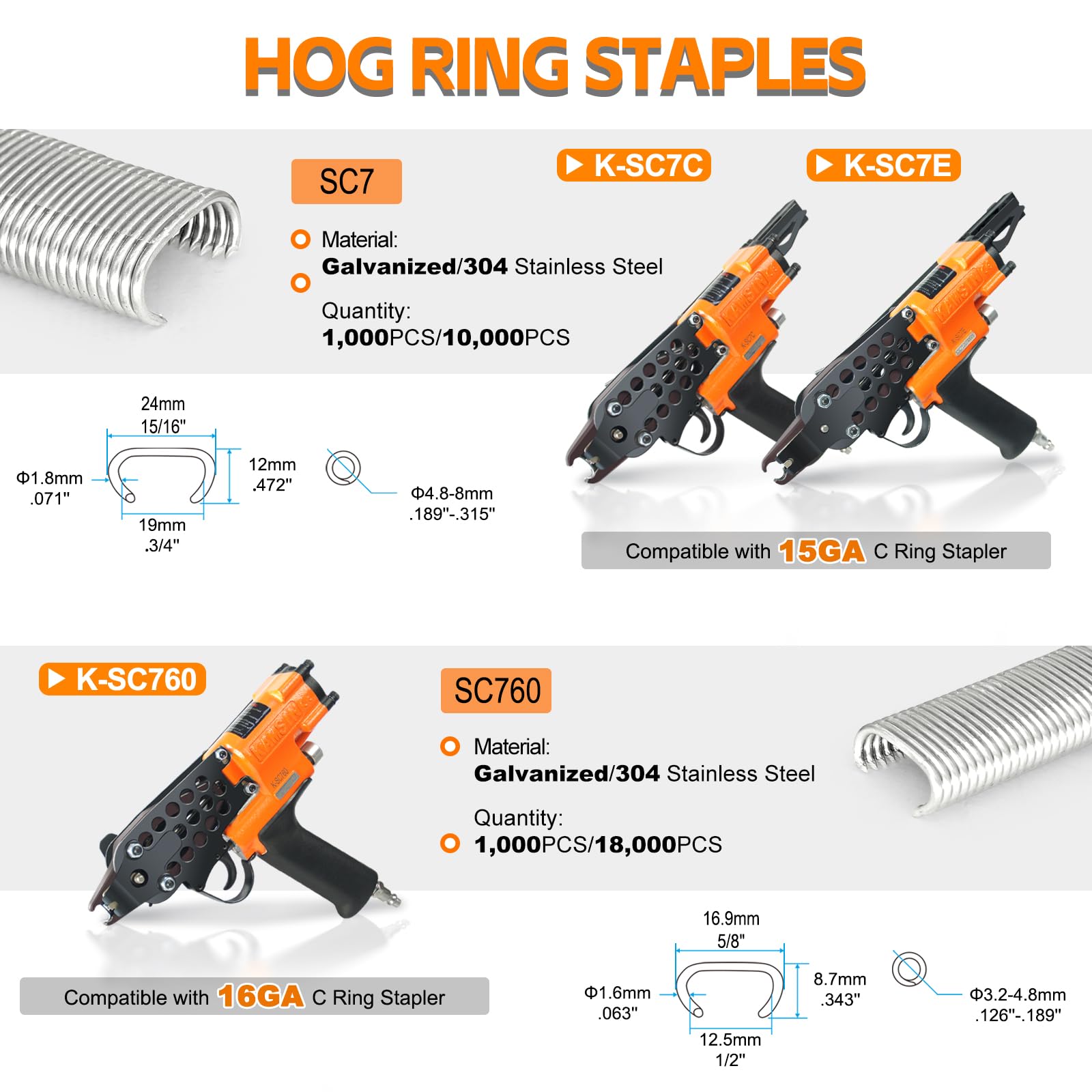 SC7 15GA 304 Edelstahl C-Ring Klammern 19mm 10.000 St. für Zäune | 19mm Innen-/24mm Außenkrone, 4,8-5,2mm Verschluss, 304 Edelstahl-rostfrei, für 15GA C-Ring-Zangen, Polster, Matratzen&Käfige