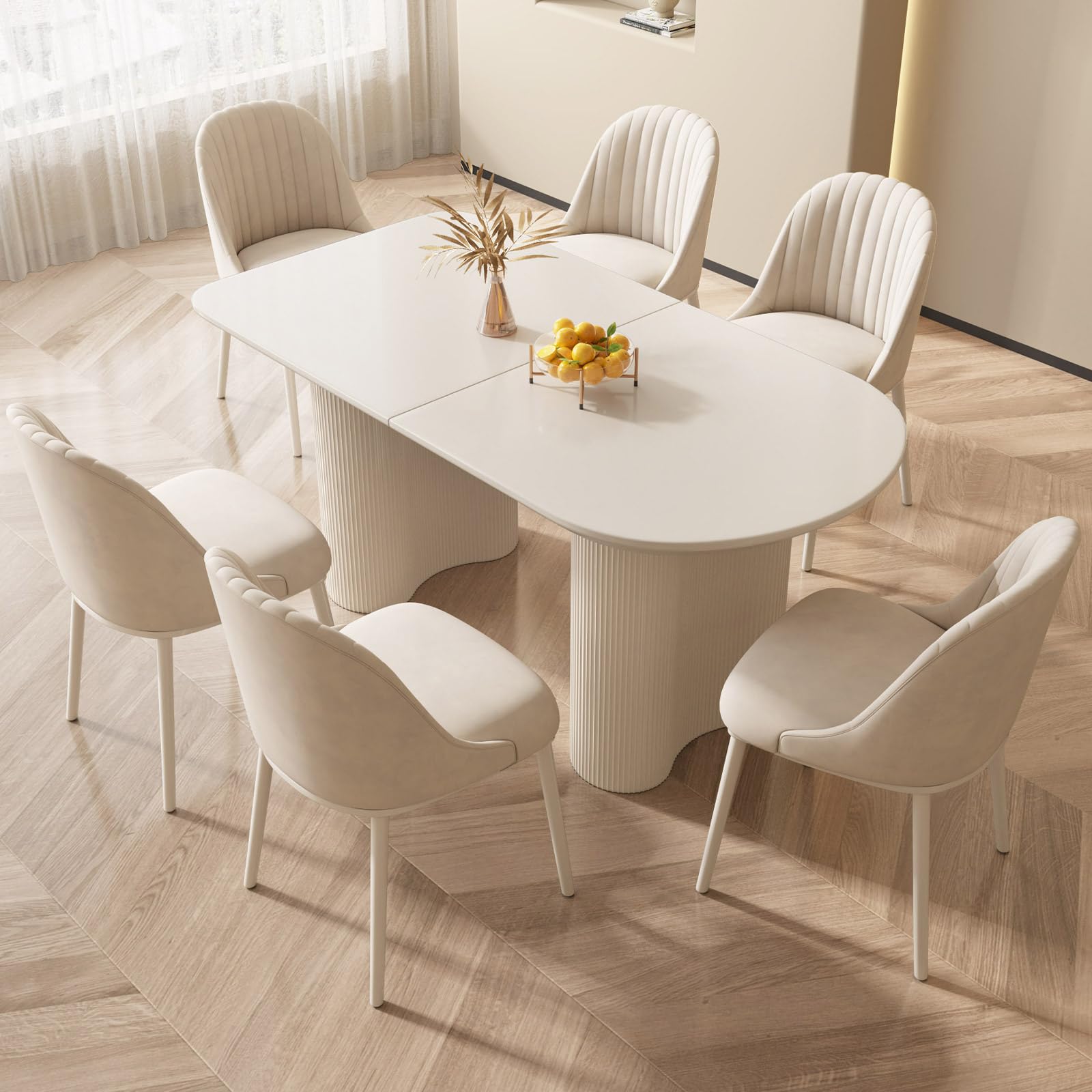 Set di tavolo da pranzo ovale scandinavo per 6 persone, design moderno scanalato con 6 sedie imbottite, perfetto per cucina e sala da pranzo, tavolo e sedie da 140 cm