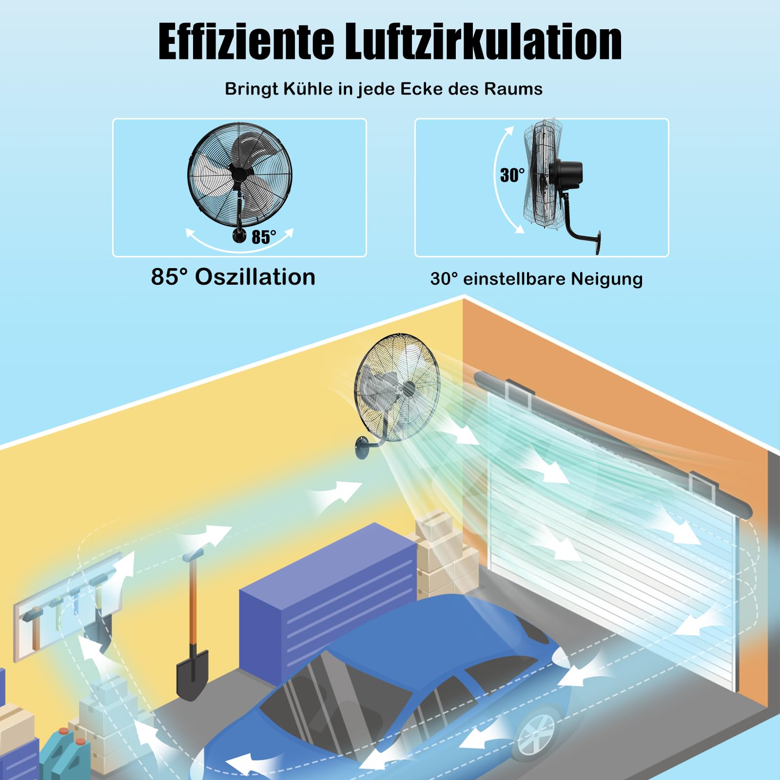 RELAX4LIFE Wandventilator 120W 3 Aluminiumflügel 85° Oszillation 30° Neigung Geräuschpegel ≤60dB Schwarz