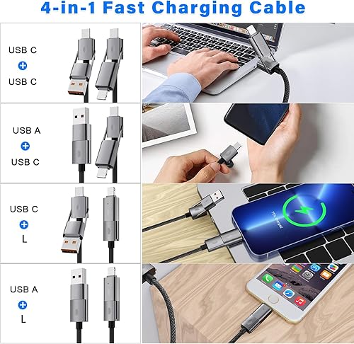 Miniatura 2 de Cable USB C 4 en 1, paquete de 2 cables de carga rápida multitrenzado redondo de 6 pies, PD 65 W 27 W, transferencia de datos de 480 Mbps,