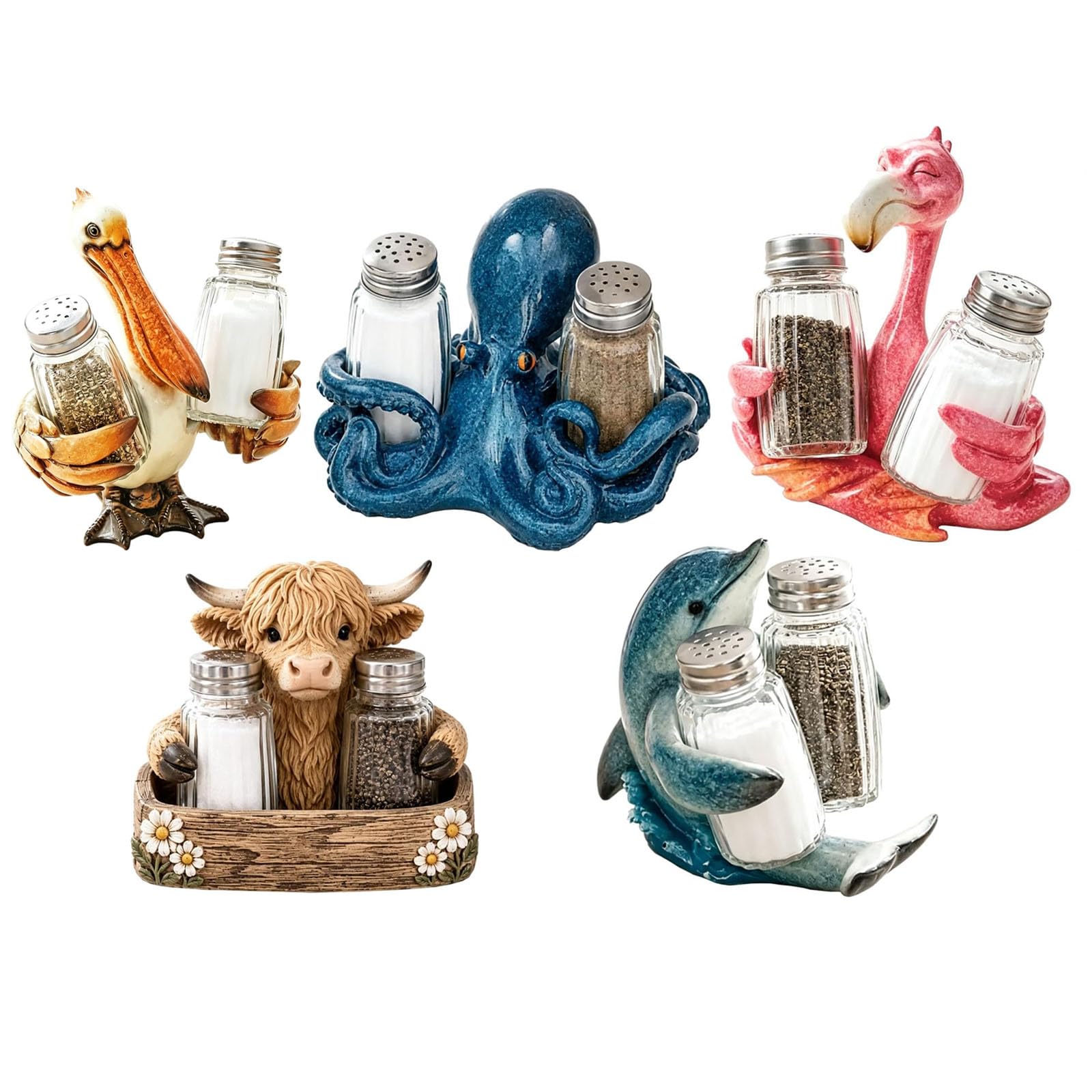 Juego de salero y pimentero Highland Cow con soporte (5PCS) | Decoración de mesa de animales costeros de resina con 2 botellas de especias, regalo de decoración de mesa de cocina novedoso