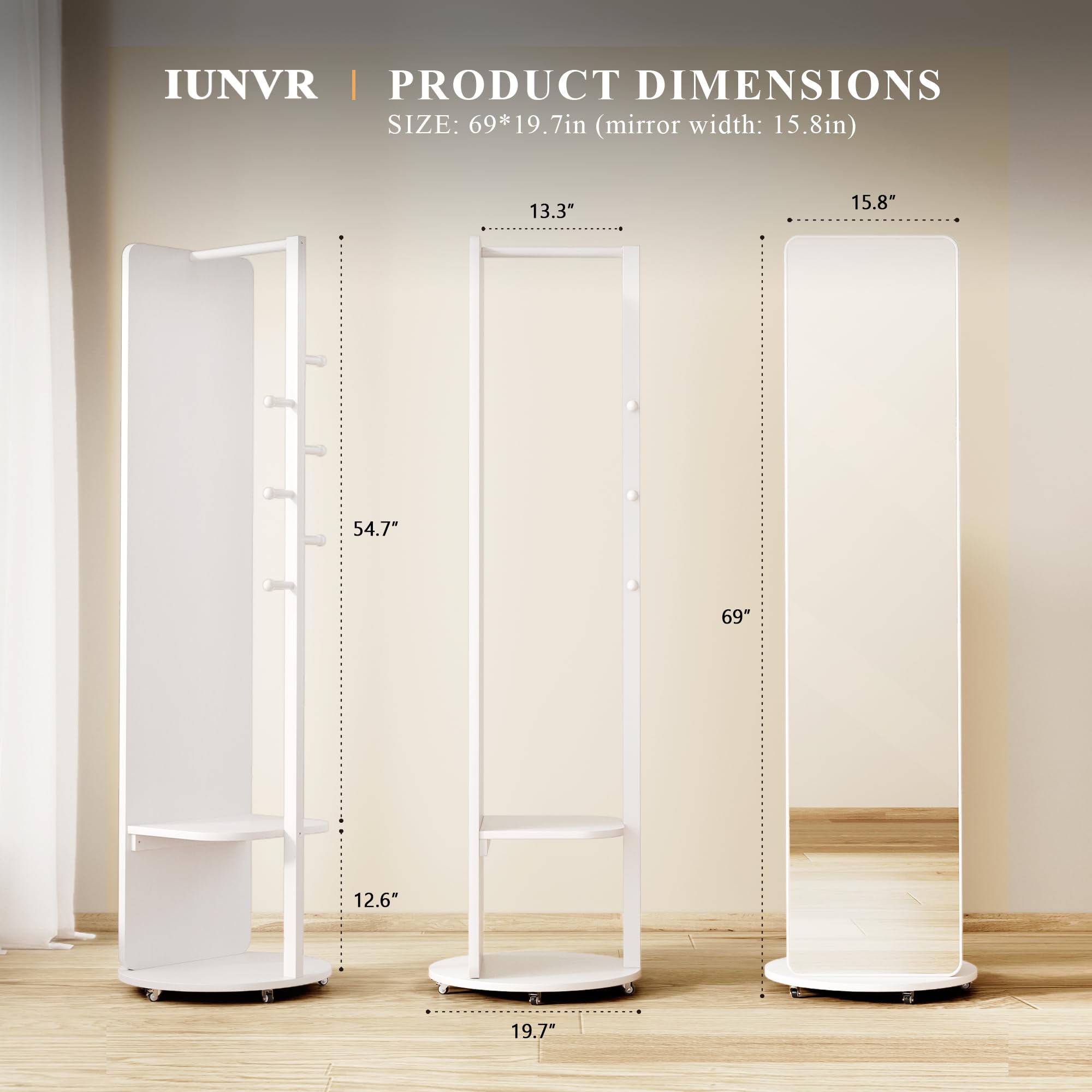 IUNVR Wood Full Length Mirror 69” with Hooks & Hidden Storage, 3-in-1 Coat Rack Standing Mirror, HD Anti-Distortion Glass for Bedroom, Entryway, Closet