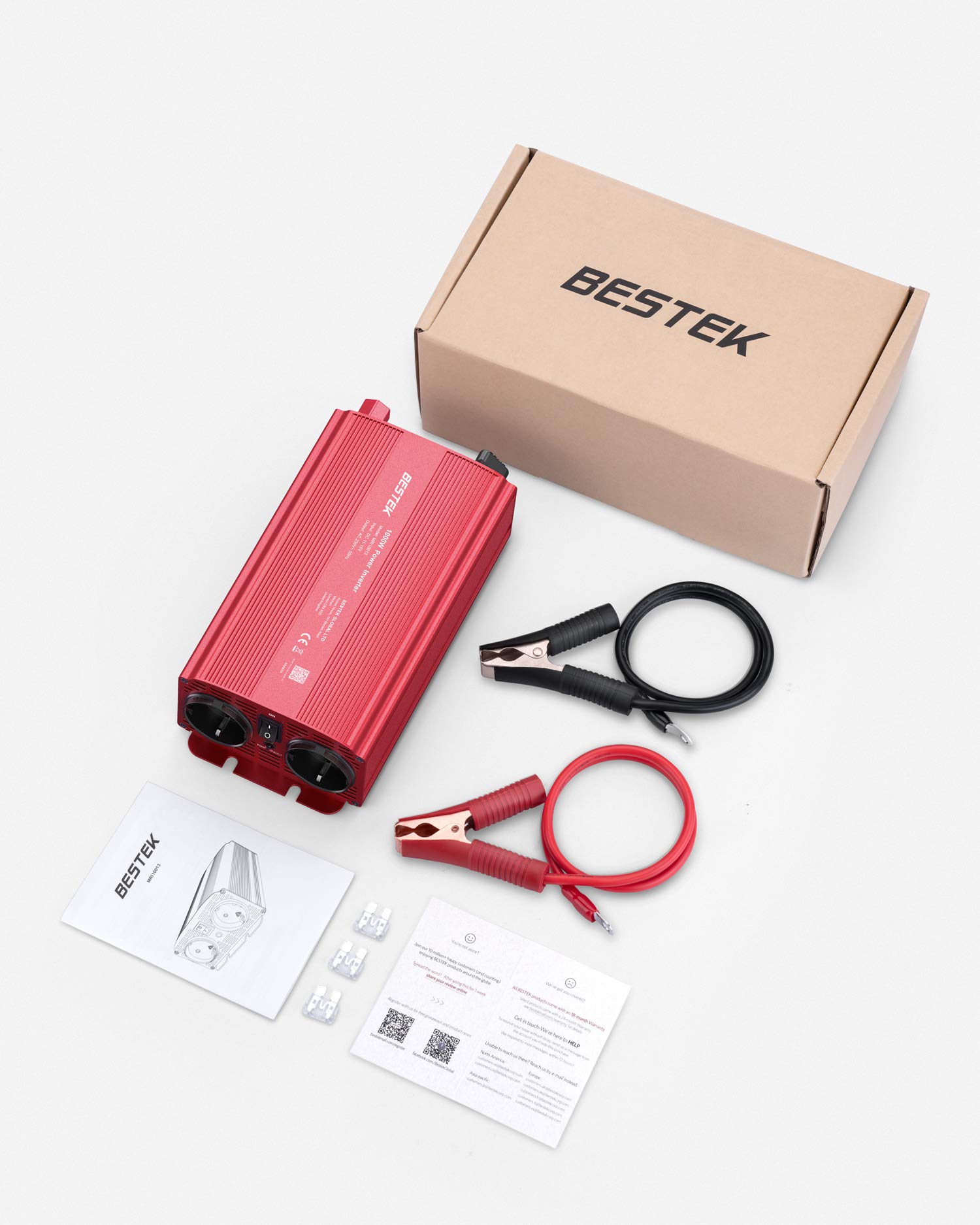 BESTEK Przetwornica napięcia samochodowego 1000 W DC 12 V na AC 230 V, falownik prądowy z 2 gniazdami DE, 4 bezpieczniki i 1 para zacisków do akumulatora samochodowego, na wakacje, na świeżym powietrzu