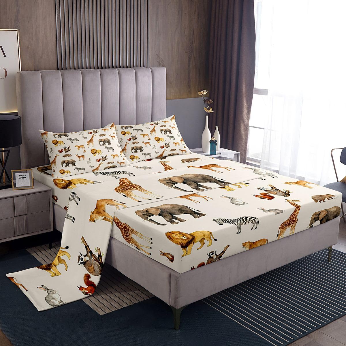 Zoo Animal 3 Pieces Sheet With 16 Inch Deep Pockets Cute Giraffe Bedding for Kids Boys Girls Teens Room Decor Cartoon Animal Bed Sheets Set Twin Size Wildlife Breathable Soft Lightweight Microfiber